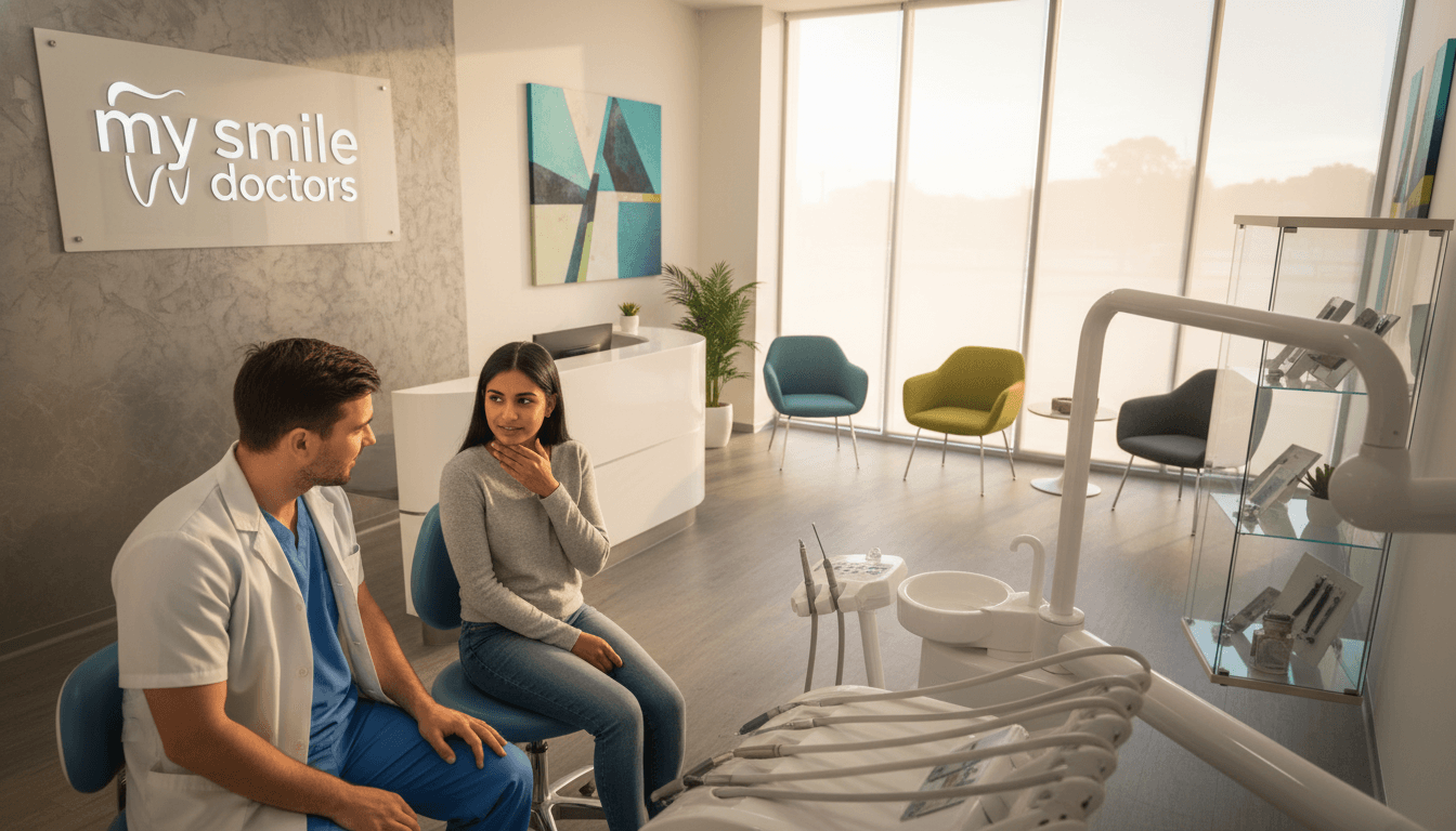 A serene dental clinic in Parramatta, designed for 24/7 emergency dental care. In the foreground, a caring dentist and a dental nurse in professional attire are attentively conversing with a diverse patient, showcasing compassion and support. The middle-ground features a modern reception area with vibrant, fresh décor, promoting a welcoming atmosphere, while visible dental tools and a comfortable chair signify readiness for care. The background subtly displays the clinic's branding, "my smile doctors," on a sleek sign. Soft, natural lighting streams in from large windows, enhancing the warm and inviting mood. The image captures a sense of urgency blended with comfort, highlighting the importance of accessible emergency dental services. The angle is slightly elevated, providing a comprehensive view of the scene while focusing on the interpersonal connection. A serene dental clinic in Parramatta, designed for 24/7 emergency dental care. In the foreground, a caring dentist and a dental nurse in professional attire are attentively conversing with a diverse patient, showcasing compassion and support. The middle-ground features a modern reception area with vibrant, fresh décor, promoting a welcoming atmosphere, while visible dental tools and a comfortable chair signify readiness for care. The background subtly displays the clinic's branding, "my smile doctors," on a sleek sign. Soft, natural lighting streams in from large windows, enhancing the warm and inviting mood. The image captures a sense of urgency blended with comfort, highlighting the importance of accessible emergency dental services. The angle is slightly elevated, providing a comprehensive view of the scene while focusing on the interpersonal connection.