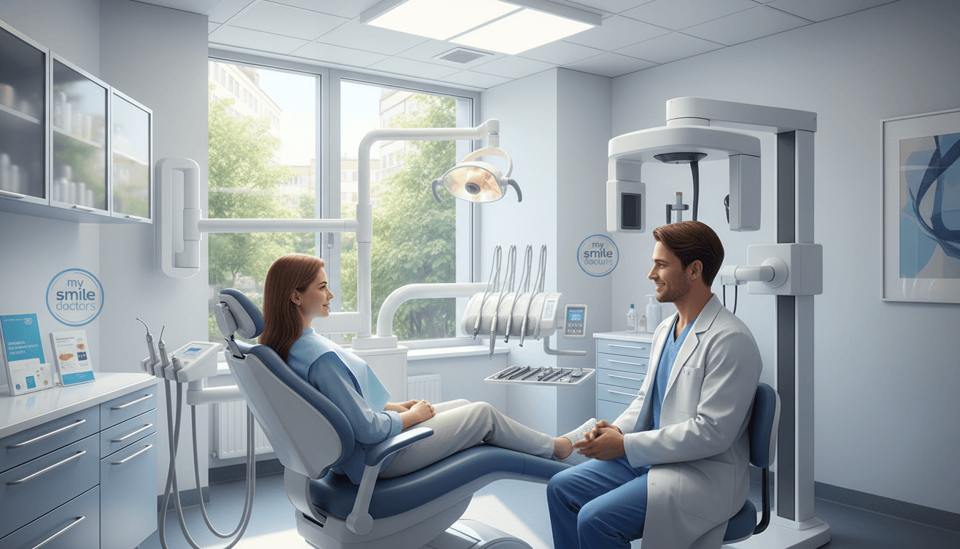 A serene dental clinic interior focusing on emergency dental implants, featuring a modern dental chair surrounded by high-tech dental equipment, with a soft blue and white color scheme. In the foreground, a friendly dentist in professional attire, smiling gently and providing reassurance to a patient in a comfortable dental gown. The middle ground showcases tools neatly arranged on a tray, while a large window in the background allows natural light to flood the space, creating a warm atmosphere. The lighting is bright yet soft, emphasizing cleanliness and calmness. Include subtle branding elements for "my smile doctors" in the decor. The overall mood should convey professionalism and comfort, emphasizing aftercare and recovery following dental implants. A serene dental clinic interior focusing on emergency dental implants, featuring a modern dental chair surrounded by high-tech dental equipment, with a soft blue and white color scheme. In the foreground, a friendly dentist in professional attire, smiling gently and providing reassurance to a patient in a comfortable dental gown. The middle ground showcases tools neatly arranged on a tray, while a large window in the background allows natural light to flood the space, creating a warm atmosphere. The lighting is bright yet soft, emphasizing cleanliness and calmness. Include subtle branding elements for "my smile doctors" in the decor. The overall mood should convey professionalism and comfort, emphasizing aftercare and recovery following dental implants.