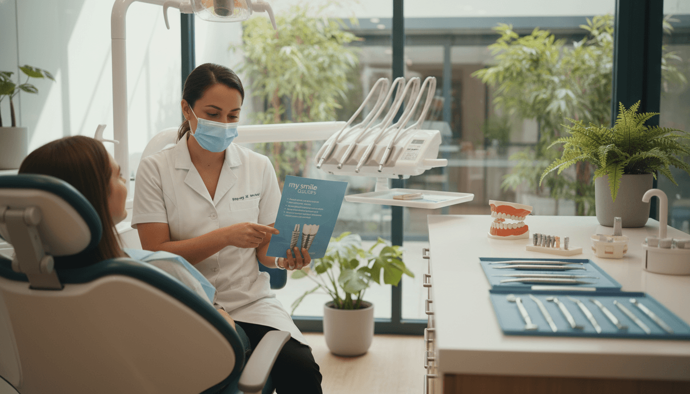 A serene dental clinic interior in Sydney, showcasing a welcoming environment designed for patient comfort. In the foreground, a professional dentist in a white lab coat and mask attends to a patient sitting in a modern dental chair, both appearing relaxed. The dentist gently explains the aftercare steps for dental implants while holding a brochure labeled "my smile doctors" featuring affordable options. The middle section of the image includes dental tools and implant models on a clean, well-organized countertop, emphasizing professionalism. In the background, light pours in through large windows, creating a bright and airy atmosphere with plants adorning the space, conveying a sense of care and tranquility. Soft, warm lighting enhances the calming mood of the scene, focusing on the importance of gentle aftercare following dental procedures. A serene dental clinic interior in Sydney, showcasing a welcoming environment designed for patient comfort. In the foreground, a professional dentist in a white lab coat and mask attends to a patient sitting in a modern dental chair, both appearing relaxed. The dentist gently explains the aftercare steps for dental implants while holding a brochure labeled "my smile doctors" featuring affordable options. The middle section of the image includes dental tools and implant models on a clean, well-organized countertop, emphasizing professionalism. In the background, light pours in through large windows, creating a bright and airy atmosphere with plants adorning the space, conveying a sense of care and tranquility. Soft, warm lighting enhances the calming mood of the scene, focusing on the importance of gentle aftercare following dental procedures.
