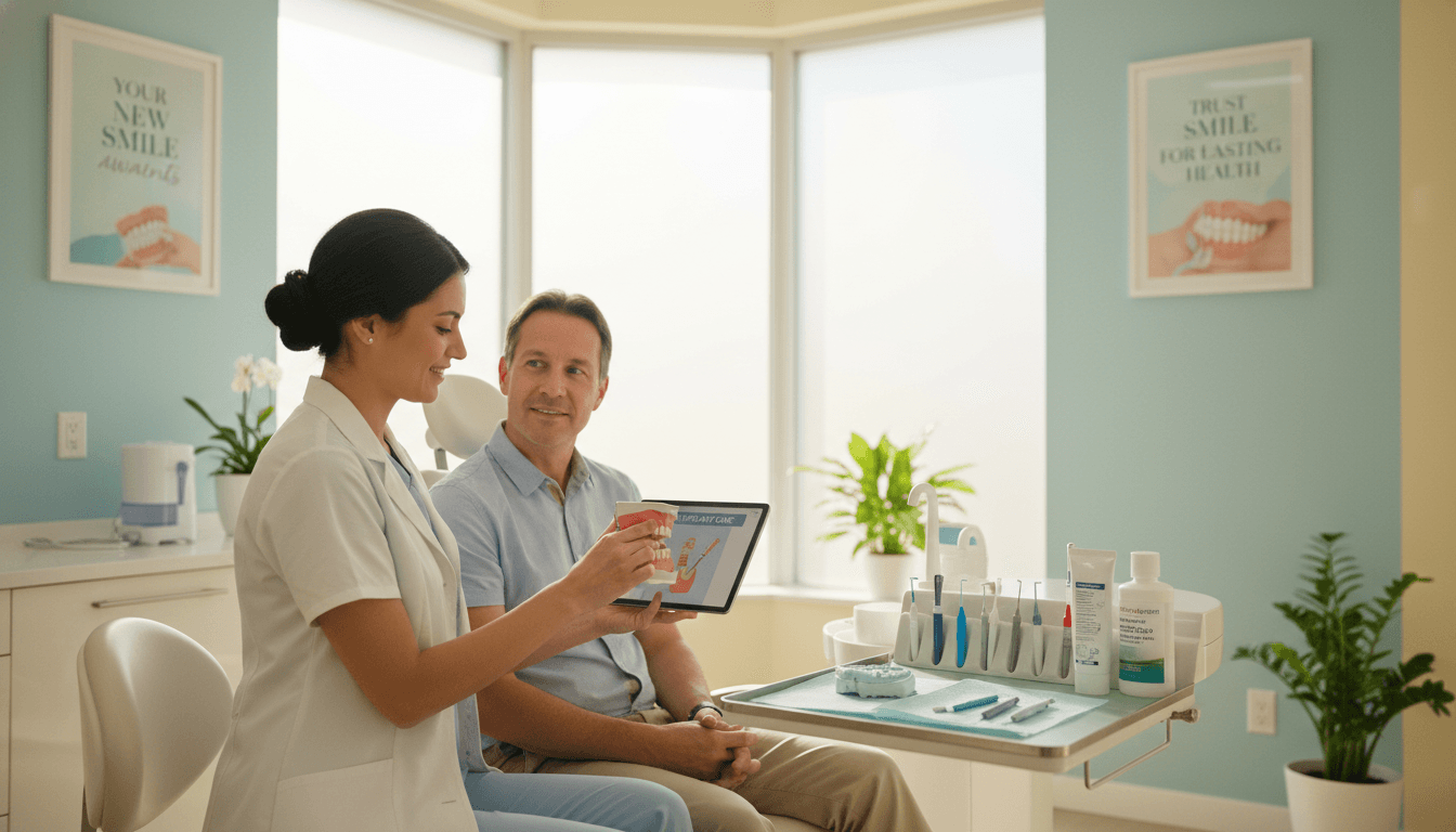 A serene dental clinic interior showcasing "my smile doctors", with a focus on aftercare for dental implants. In the foreground, a dental professional in professional attire is gently explaining aftercare procedures to a patient seated comfortably in a modern dental chair. The middle ground features dental tools neatly organized and a digital tablet displaying aftercare instructions. The background consists of soft, calming colors with motivational dental care posters on the walls and natural light streaming through large windows, creating a welcoming atmosphere. Soft shadows and a shallow depth of field emphasize the engagement between the professional and the patient, evoking a sense of trust and care in a painless dental treatment environment. A serene dental clinic interior showcasing "my smile doctors", with a focus on aftercare for dental implants. In the foreground, a dental professional in professional attire is gently explaining aftercare procedures to a patient seated comfortably in a modern dental chair. The middle ground features dental tools neatly organized and a digital tablet displaying aftercare instructions. The background consists of soft, calming colors with motivational dental care posters on the walls and natural light streaming through large windows, creating a welcoming atmosphere. Soft shadows and a shallow depth of field emphasize the engagement between the professional and the patient, evoking a sense of trust and care in a painless dental treatment environment.