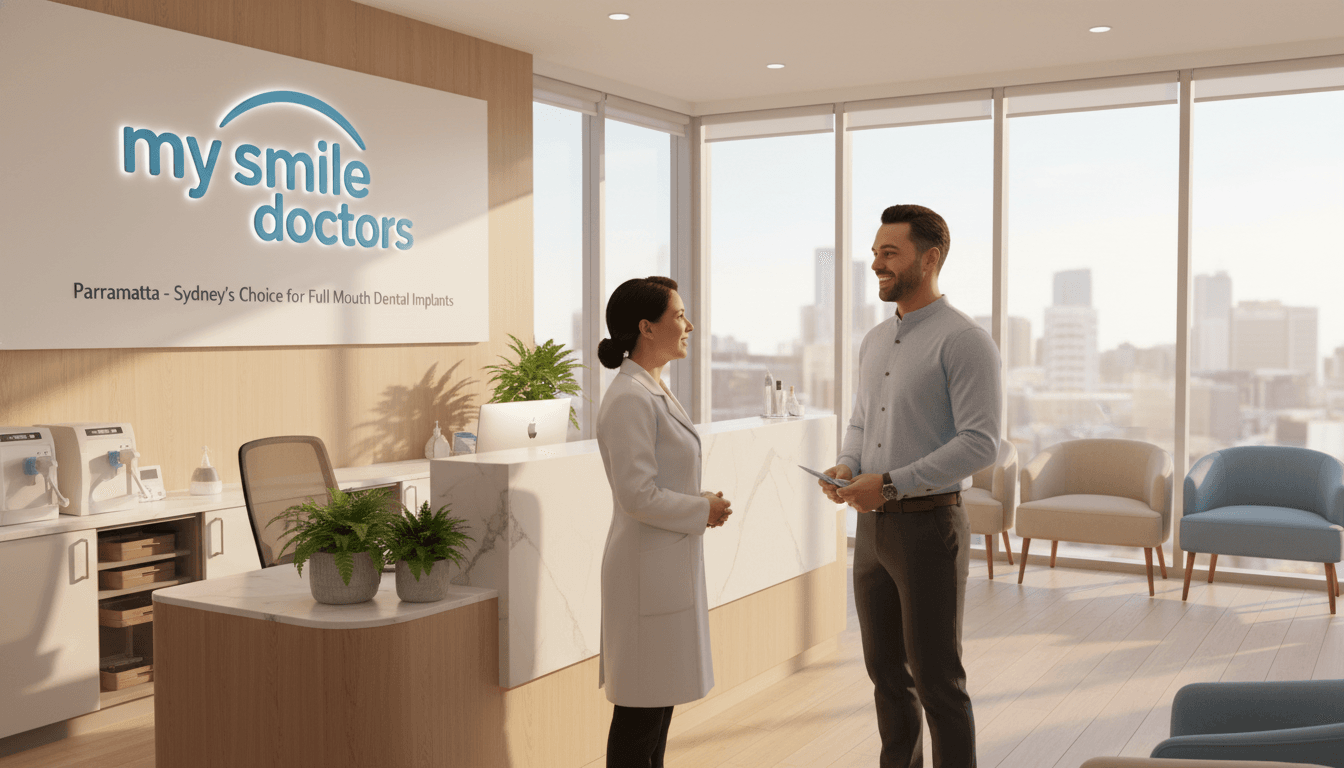 A serene dental clinic reception area, showcasing "my smile doctors" branding prominently on the wall. In the foreground, a professional dentist wearing a lab coat is interacting with a happy patient, both smiling, conveying a sense of trust and care. The middle ground features modern dental equipment and a welcoming reception desk, tastefully decorated with green plants for a calming atmosphere. In the background, large windows allow natural light to flood in, creating a bright and inviting ambiance. The overall mood is one of professionalism and reassurance, highlighting Parramatta as a leading destination for full mouth dental implants in Sydney. Use soft, warm lighting to enhance the inviting feel, captured from a slightly elevated angle for a comprehensive view. A serene dental clinic reception area, showcasing "my smile doctors" branding prominently on the wall. In the foreground, a professional dentist wearing a lab coat is interacting with a happy patient, both smiling, conveying a sense of trust and care. The middle ground features modern dental equipment and a welcoming reception desk, tastefully decorated with green plants for a calming atmosphere. In the background, large windows allow natural light to flood in, creating a bright and inviting ambiance. The overall mood is one of professionalism and reassurance, highlighting Parramatta as a leading destination for full mouth dental implants in Sydney. Use soft, warm lighting to enhance the inviting feel, captured from a slightly elevated angle for a comprehensive view.