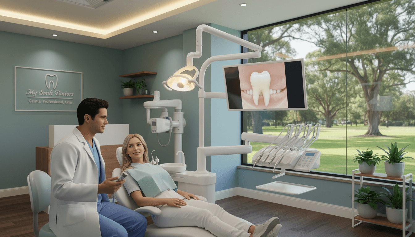 A serene dental clinic scene in Parramatta, emphasizing high-quality, anxiety-free dental care. In the foreground, a friendly dentist in professional attire gently interacts with a relaxed patient seated in a modern dental chair, enhancing the comforting atmosphere. The middle ground shows high-tech dental equipment and soothing decor, including calming colors and soft lighting that creates a welcoming ambiance. The background features a large window with a view of lush greenery, promoting a sense of tranquility. The lighting is soft and warm, casting gentle shadows that enhance the serene mood. The overall atmosphere evokes trust and comfort, highlighting the gentle approach of "my smile doctors" in providing professional dental care. A serene dental clinic scene in Parramatta, emphasizing high-quality, anxiety-free dental care. In the foreground, a friendly dentist in professional attire gently interacts with a relaxed patient seated in a modern dental chair, enhancing the comforting atmosphere. The middle ground shows high-tech dental equipment and soothing decor, including calming colors and soft lighting that creates a welcoming ambiance. The background features a large window with a view of lush greenery, promoting a sense of tranquility. The lighting is soft and warm, casting gentle shadows that enhance the serene mood. The overall atmosphere evokes trust and comfort, highlighting the gentle approach of "my smile doctors" in providing professional dental care.