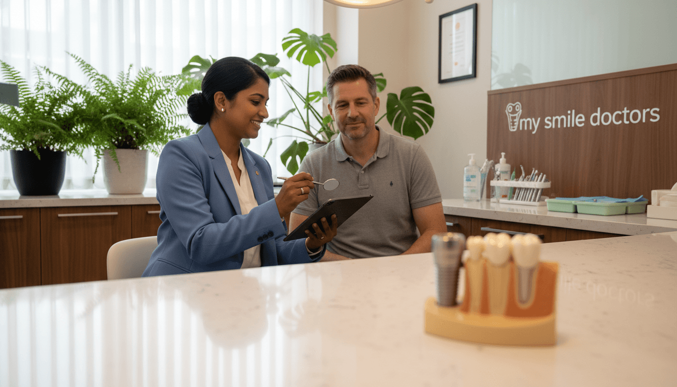 A serene dental clinic setting showcasing the essence of quality dental implants in Parramatta. In the foreground, a close-up of a lifelike dental implant model is displayed on a sleek, modern dental countertop, illuminated with soft warm lighting. In the middle ground, a friendly, professional dentist in business attire examines a patient, an attentive adult wearing modest casual clothing, both looking positively engaged in a consultation. The background features a calming environment with potted plants and well-organized dental tools, enhancing the atmosphere of trust and care. The overall mood is reassuring and confident, reflecting the high success rates of dental implants. Integrate the brand name "my smile doctors" subtly within the decor, ensuring a cohesive and welcoming image. A serene dental clinic setting showcasing the essence of quality dental implants in Parramatta. In the foreground, a close-up of a lifelike dental implant model is displayed on a sleek, modern dental countertop, illuminated with soft warm lighting. In the middle ground, a friendly, professional dentist in business attire examines a patient, an attentive adult wearing modest casual clothing, both looking positively engaged in a consultation. The background features a calming environment with potted plants and well-organized dental tools, enhancing the atmosphere of trust and care. The overall mood is reassuring and confident, reflecting the high success rates of dental implants. Integrate the brand name "my smile doctors" subtly within the decor, ensuring a cohesive and welcoming image.