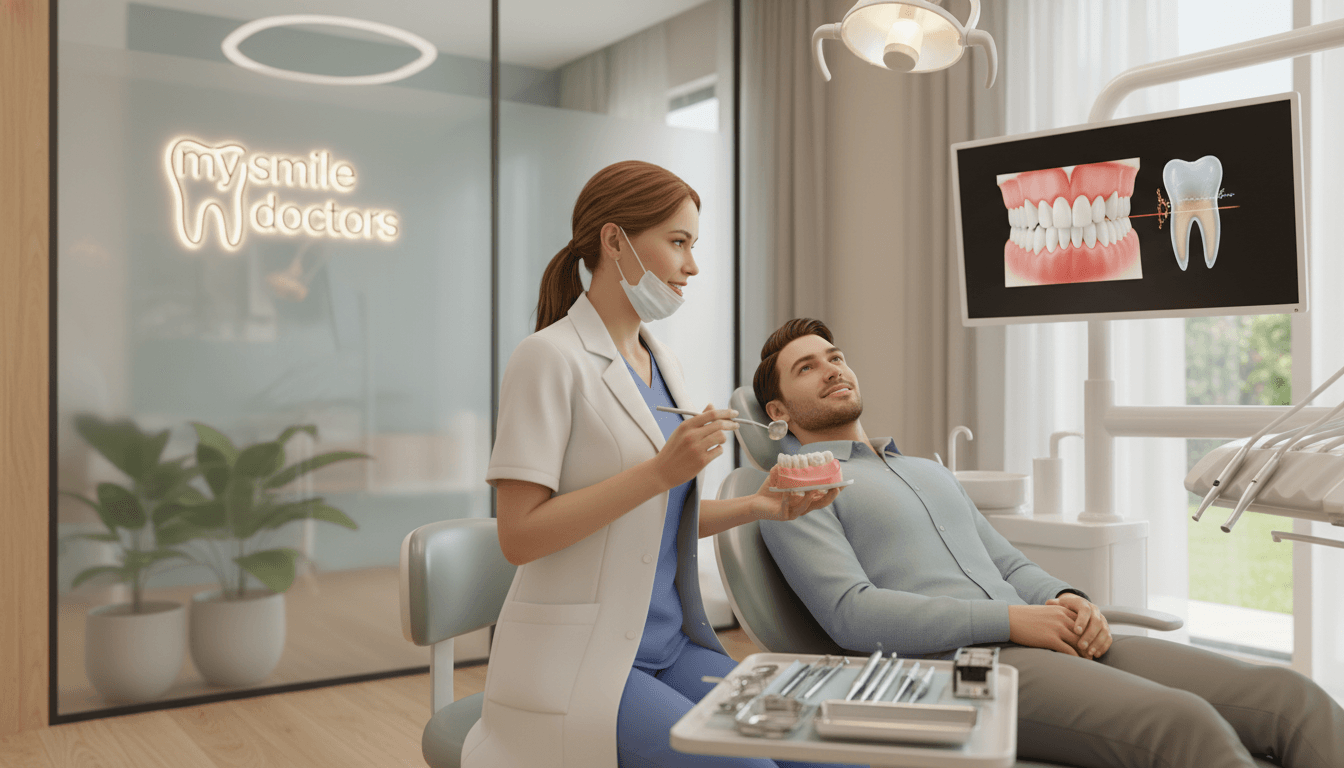 A serene dental clinic with a warm and inviting atmosphere, featuring a clean and modern design. In the foreground, a professional dentist, dressed in a white coat and surgical mask, gently holds dental tools while calmly explaining the procedure to a patient seated in a comfortable dental chair. The patient, appearing relaxed, is seated under soft, diffused overhead lighting that creates a comforting ambiance. The middle ground showcases dental equipment and a detailed image of healthy teeth on a monitor. In the background, the clinic’s logo, "my smile doctors," is subtly displayed on a wall. The overall mood is anxiety-free and reassuring, emphasizing trust and professionalism in tooth extraction procedures. A serene dental clinic with a warm and inviting atmosphere, featuring a clean and modern design. In the foreground, a professional dentist, dressed in a white coat and surgical mask, gently holds dental tools while calmly explaining the procedure to a patient seated in a comfortable dental chair. The patient, appearing relaxed, is seated under soft, diffused overhead lighting that creates a comforting ambiance. The middle ground showcases dental equipment and a detailed image of healthy teeth on a monitor. In the background, the clinic’s logo, "my smile doctors," is subtly displayed on a wall. The overall mood is anxiety-free and reassuring, emphasizing trust and professionalism in tooth extraction procedures.