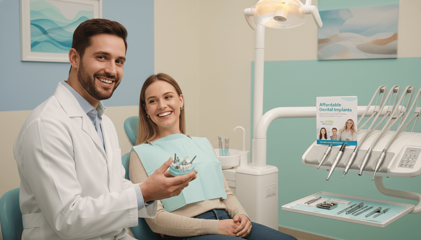 A serene dental office interior, showcasing a modern, budget-friendly dental restoration setup. In the foreground, a friendly, professional-looking dentist in a white coat works with a patient in a dental chair, both smiling to convey comfort and care. The dentist holds a dental implant model demonstrating the affordability of options available. In the middle, a well-organized dental workstation features various tools and a brochure titled "Affordable Dental Implants" showcasing budget-friendly options from "my smile doctors". In the background, soft, warm lighting creates a welcoming atmosphere, highlighting pastel-colored walls and gentle decorations. The image captures a sense of gentle care and professionalism, emphasizing the process of obtaining dental implants in a reassuring environment. A serene dental office interior, showcasing a modern, budget-friendly dental restoration setup. In the foreground, a friendly, professional-looking dentist in a white coat works with a patient in a dental chair, both smiling to convey comfort and care. The dentist holds a dental implant model demonstrating the affordability of options available. In the middle, a well-organized dental workstation features various tools and a brochure titled "Affordable Dental Implants" showcasing budget-friendly options from "my smile doctors". In the background, soft, warm lighting creates a welcoming atmosphere, highlighting pastel-colored walls and gentle decorations. The image captures a sense of gentle care and professionalism, emphasizing the process of obtaining dental implants in a reassuring environment.