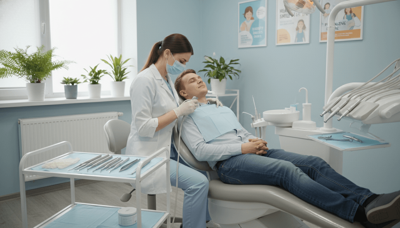 A serene dental office scene focusing on a professional dental cleaning procedure. In the foreground, a dentist, dressed in smart scrubs and a mask, is gently using an ultrasonic scaler on a patient sitting comfortably in a modern dental chair. The patient, a young adult with a relaxed demeanor, looks calm, reflecting an anxiety-free experience. In the middle ground, dental tools and hygienic equipment are neatly organized on a tray. The background features a bright, well-lit room with soft lighting, potted plants, and reassuring dental posters highlighting the benefits of oral health. The atmosphere is tranquil and professional, evoking feelings of safety and care, captured with a wide-angle lens for a comprehensive view. A serene dental office scene focusing on a professional dental cleaning procedure. In the foreground, a dentist, dressed in smart scrubs and a mask, is gently using an ultrasonic scaler on a patient sitting comfortably in a modern dental chair. The patient, a young adult with a relaxed demeanor, looks calm, reflecting an anxiety-free experience. In the middle ground, dental tools and hygienic equipment are neatly organized on a tray. The background features a bright, well-lit room with soft lighting, potted plants, and reassuring dental posters highlighting the benefits of oral health. The atmosphere is tranquil and professional, evoking feelings of safety and care, captured with a wide-angle lens for a comprehensive view.