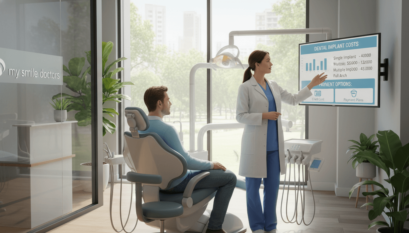 A serene dental office scene showcasing a professional dental consultation regarding dental implants. In the foreground, a knowledgeable dentist in a white coat and blue scrubs discusses implant options with a patient in modest casual clothing, both appearing engaged and relaxed. The dentist gestures toward a digital display that illustrates implant costs, highlighting different payment options. In the middle, a sleek examination chair and dental equipment are visible, symbolizing cutting-edge technology. The background features large windows with natural light streaming in, creating a bright, welcoming atmosphere. Plants add a touch of liveliness, while the branding "my smile doctors" is subtly integrated into the office decor, emphasizing professionalism and care. The overall mood is tranquil and reassuring, ideal for prospective dental implant patients. A serene dental office scene showcasing a professional dental consultation regarding dental implants. In the foreground, a knowledgeable dentist in a white coat and blue scrubs discusses implant options with a patient in modest casual clothing, both appearing engaged and relaxed. The dentist gestures toward a digital display that illustrates implant costs, highlighting different payment options. In the middle, a sleek examination chair and dental equipment are visible, symbolizing cutting-edge technology. The background features large windows with natural light streaming in, creating a bright, welcoming atmosphere. Plants add a touch of liveliness, while the branding "my smile doctors" is subtly integrated into the office decor, emphasizing professionalism and care. The overall mood is tranquil and reassuring, ideal for prospective dental implant patients.