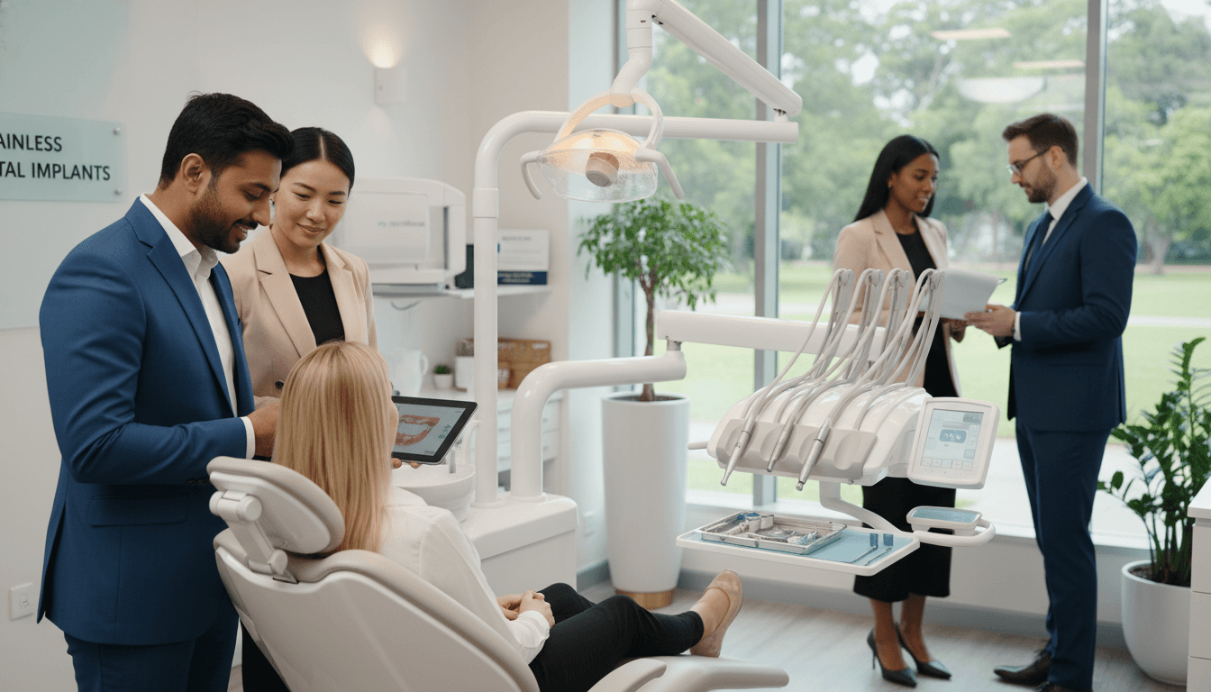 A serene dental office setting in Parramatta, featuring a group of dental professionals with diverse backgrounds, all dressed in professional business attire, demonstrating a caring atmosphere. In the foreground, a friendly dentist gently explaining the dental implant procedure to a patient seated in a modern dental chair, conveying a sense of comfort and trust. The middle ground showcases advanced dental equipment and tools, highlighting the state-of-the-art practices of "my smile doctors". In the background, soft, natural light filters through large windows, creating a warm and inviting ambiance. The overall mood is reassuring and professional, emphasizing the theme of painless dental implants and a welcoming dental experience. A serene dental office setting in Parramatta, featuring a group of dental professionals with diverse backgrounds, all dressed in professional business attire, demonstrating a caring atmosphere. In the foreground, a friendly dentist gently explaining the dental implant procedure to a patient seated in a modern dental chair, conveying a sense of comfort and trust. The middle ground showcases advanced dental equipment and tools, highlighting the state-of-the-art practices of "my smile doctors". In the background, soft, natural light filters through large windows, creating a warm and inviting ambiance. The overall mood is reassuring and professional, emphasizing the theme of painless dental implants and a welcoming dental experience.