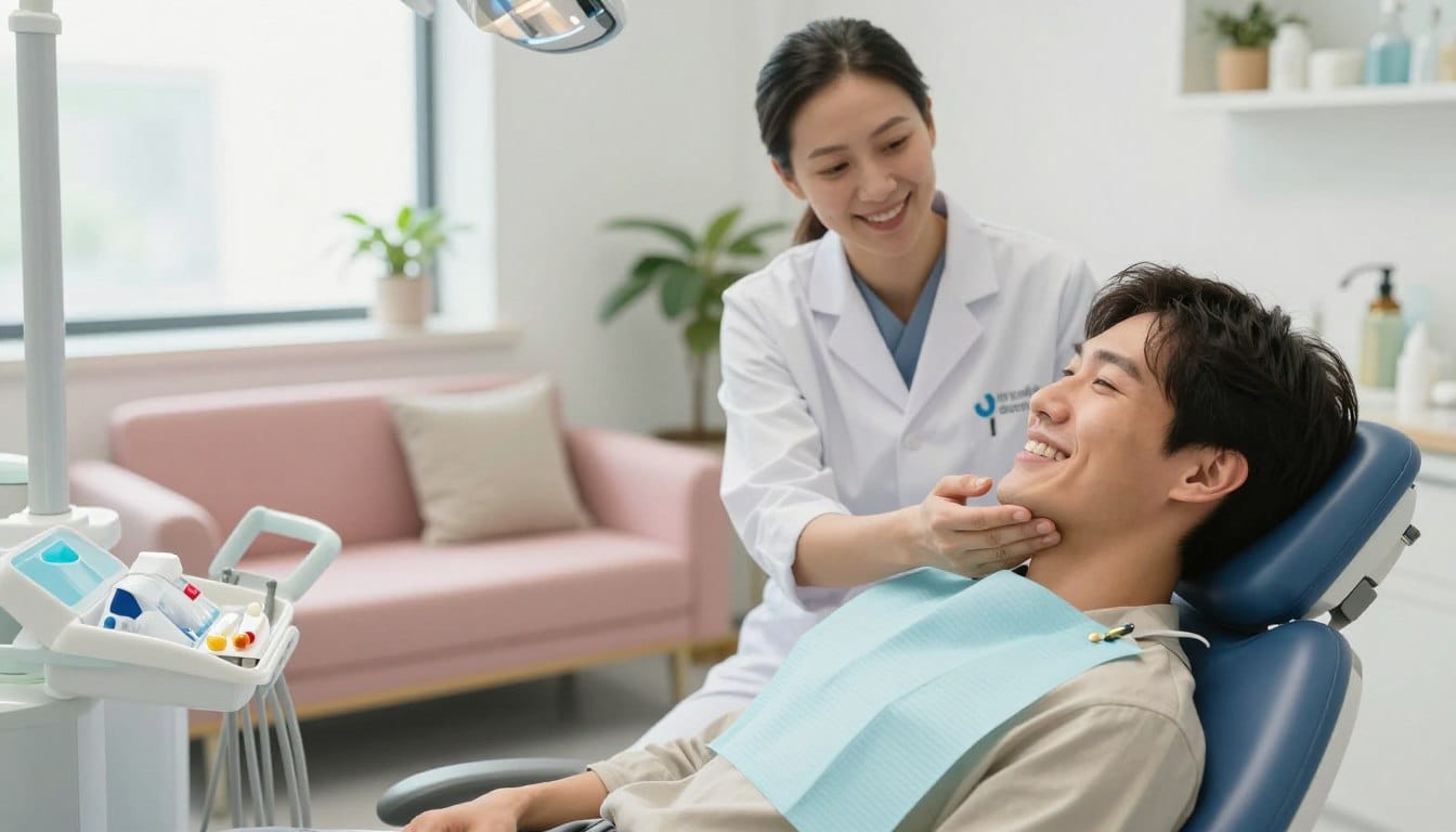 A serene dental recovery scene, showcasing a patient comfortably resting in a well-lit dental office, wearing modest casual clothing. In the foreground, a smiling individual gently touching their cheek in relief, with a healing dental care kit nearby that includes ice packs and medications. In the middle, a cozy dental chair and calming decor, featuring soft pastel colors and plants to emphasize a comforting atmosphere. In the background, a friendly dentist in professional attire consulting a patient with an encouraging smile, symbolizing support during recovery. Natural light filters through a window, creating a warm and inviting mood. The image embodies hope and care, reflecting the brand "my smile doctors." A serene dental recovery scene, showcasing a patient comfortably resting in a well-lit dental office, wearing modest casual clothing. In the foreground, a smiling individual gently touching their cheek in relief, with a healing dental care kit nearby that includes ice packs and medications. In the middle, a cozy dental chair and calming decor, featuring soft pastel colors and plants to emphasize a comforting atmosphere. In the background, a friendly dentist in professional attire consulting a patient with an encouraging smile, symbolizing support during recovery. Natural light filters through a window, creating a warm and inviting mood. The image embodies hope and care, reflecting the brand "my smile doctors."