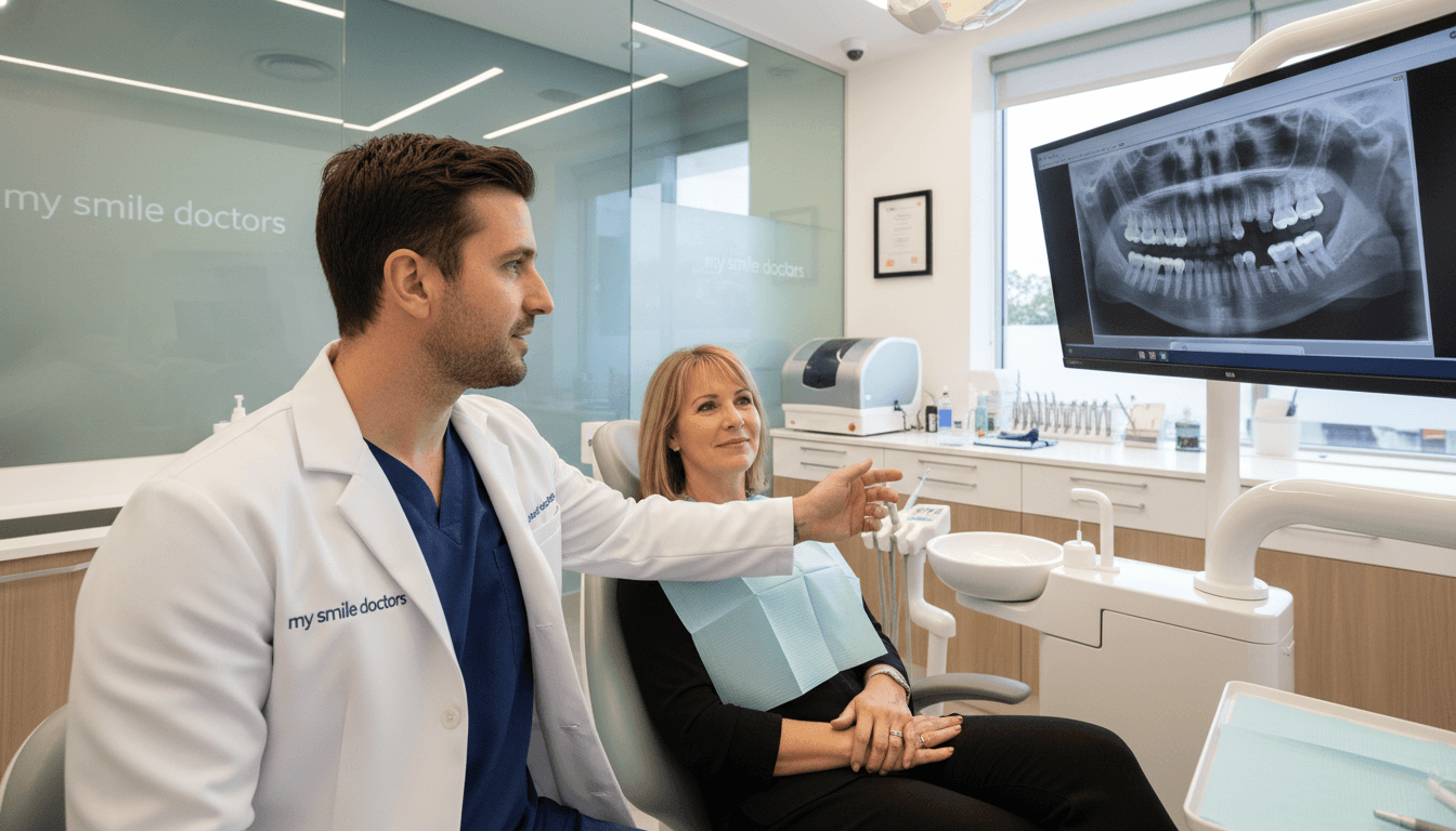 A skilled dental implant surgeon in a modern clinic setting, focused on a patient consultation. The foreground features a dentist, dressed in professional attire, examining dental x-rays on a digital screen, showing expertise and care. The middle ground includes the patient, showing a relaxed demeanor, highlighting the painless aspect of the surgery. Background elements include state-of-the-art dental equipment and a calming color palette with soft, ambient lighting to create a welcoming atmosphere. The setting should convey professionalism and trust, with the brand name "my smile doctors" subtly integrated into the clinic's design. The angle is a slight tilt showing both the doctor and the patient, emphasizing their interaction. The mood is reassuring and confident, perfect for an article on expert dental care in Parramatta. A skilled dental implant surgeon in a modern clinic setting, focused on a patient consultation. The foreground features a dentist, dressed in professional attire, examining dental x-rays on a digital screen, showing expertise and care. The middle ground includes the patient, showing a relaxed demeanor, highlighting the painless aspect of the surgery. Background elements include state-of-the-art dental equipment and a calming color palette with soft, ambient lighting to create a welcoming atmosphere. The setting should convey professionalism and trust, with the brand name "my smile doctors" subtly integrated into the clinic's design. The angle is a slight tilt showing both the doctor and the patient, emphasizing their interaction. The mood is reassuring and confident, perfect for an article on expert dental care in Parramatta.
