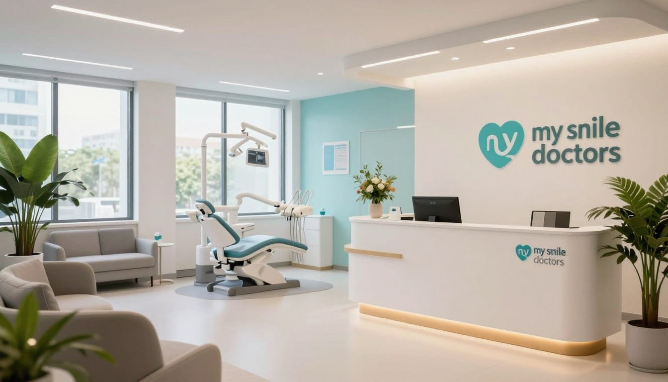 A sleek, modern clinic environment set within Westfield Parramatta. In the foreground, a bright reception area featuring a welcoming front desk, adorned with the logo "my smile doctors". Comfortable seating with contemporary design, and lush indoor plants for added warmth. The middle ground showcases dental consultation rooms with state-of-the-art equipment and large windows allowing natural light to flood in. In the background, a calming color palette of soft blues and whites enhances the anxiety-free atmosphere. Use a wide-angle lens perspective to emphasize openness and tranquility. Soft, warm lighting creates a friendly ambiance, while a slight bokeh effect adds depth. Overall, the scene should evoke a sense of cleanliness, professionalism, and comfort. A sleek, modern clinic environment set within Westfield Parramatta. In the foreground, a bright reception area featuring a welcoming front desk, adorned with the logo "my smile doctors". Comfortable seating with contemporary design, and lush indoor plants for added warmth. The middle ground showcases dental consultation rooms with state-of-the-art equipment and large windows allowing natural light to flood in. In the background, a calming color palette of soft blues and whites enhances the anxiety-free atmosphere. Use a wide-angle lens perspective to emphasize openness and tranquility. Soft, warm lighting creates a friendly ambiance, while a slight bokeh effect adds depth. Overall, the scene should evoke a sense of cleanliness, professionalism, and comfort.
