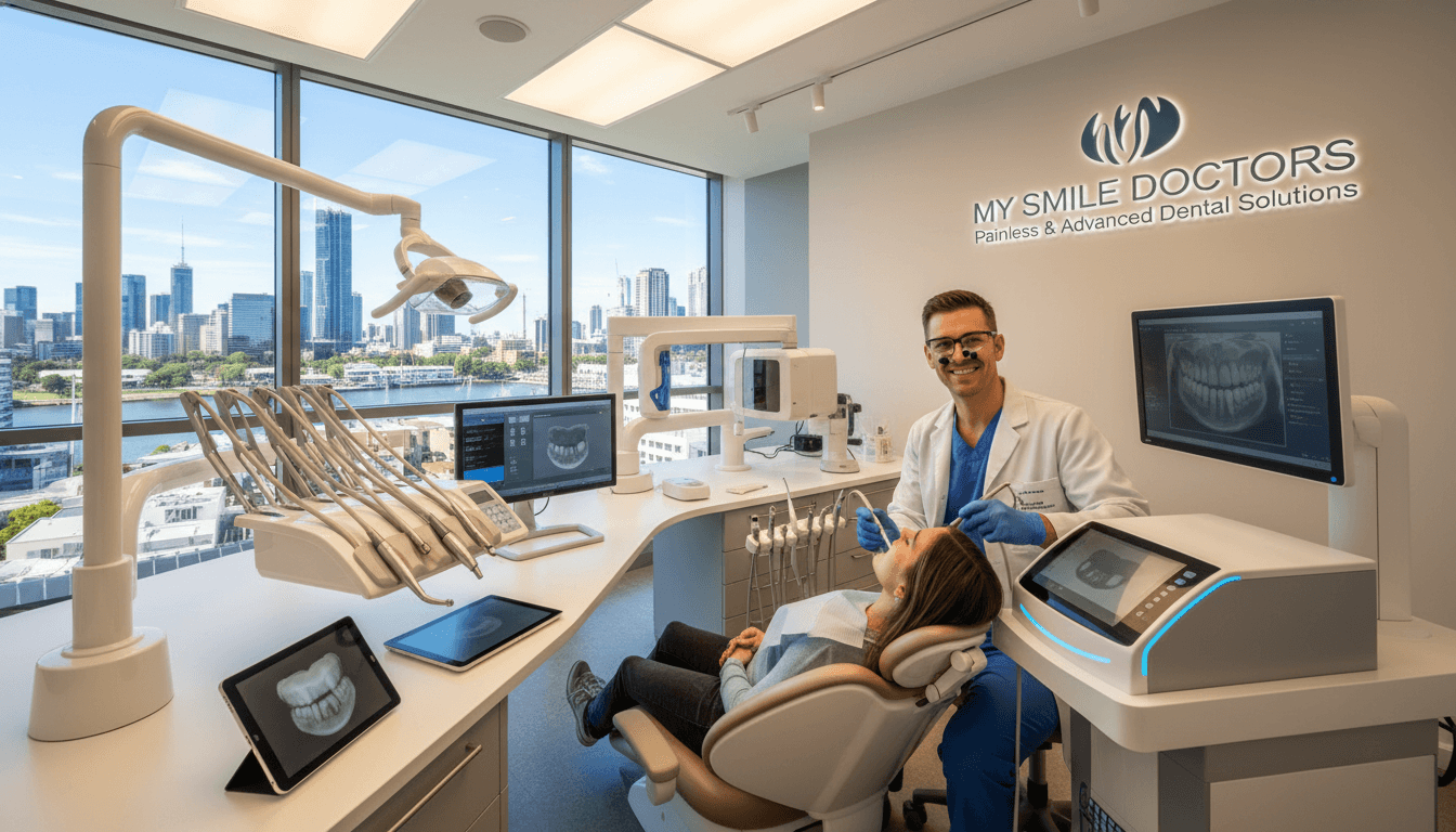 A sleek, modern dental clinic interior in Parramatta, showcasing advanced dental technology. In the foreground, a friendly dentist wearing professional attire is engaged in a procedure using a high-tech dental implant machine, demonstrating a focus on innovation and patient care. In the middle, display a variety of cutting-edge dental tools and digital imaging equipment, illuminated by soft, bright lighting to create a clean and inviting atmosphere. In the background, a large window reveals a sunny view of Parramatta's skyline, subtly emphasizing the clinic's location. The mood is professional yet approachable, reflecting the expertise of "my smile doctors," with an emphasis on painless and advanced dental solutions. A sleek, modern dental clinic interior in Parramatta, showcasing advanced dental technology. In the foreground, a friendly dentist wearing professional attire is engaged in a procedure using a high-tech dental implant machine, demonstrating a focus on innovation and patient care. In the middle, display a variety of cutting-edge dental tools and digital imaging equipment, illuminated by soft, bright lighting to create a clean and inviting atmosphere. In the background, a large window reveals a sunny view of Parramatta's skyline, subtly emphasizing the clinic's location. The mood is professional yet approachable, reflecting the expertise of "my smile doctors," with an emphasis on painless and advanced dental solutions.