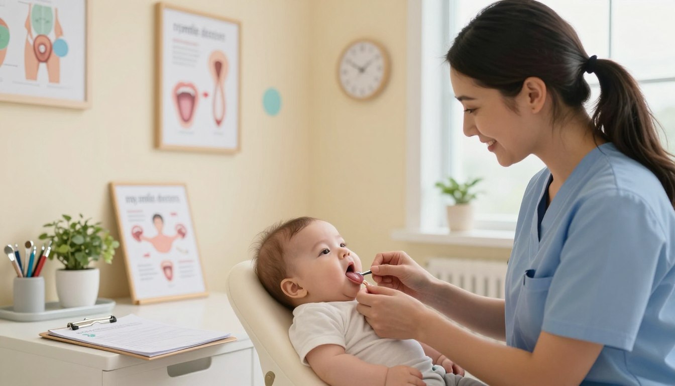 A soothing and professional setting for an infant tongue tie treatment in Sydney, showcasing a pediatrician and a parent discussing treatment options. In the foreground, the pediatrician, a woman in professional attire with a gentle smile, is demonstrating a tongue tie examination technique on a baby with a calm expression, held securely by the parent. The middle ground features medical tools and a chart explaining tongue tie anatomy, framed by soft, warm lighting that creates an inviting atmosphere. The background includes a well-organized clinic with pastel-colored walls, friendly decorations, and a window letting in natural light, symbolizing hope and care. Include the logo of "my smile doctors" subtly on a clipboard in a professional manner to illustrate the clinic’s branding. A soothing and professional setting for an infant tongue tie treatment in Sydney, showcasing a pediatrician and a parent discussing treatment options. In the foreground, the pediatrician, a woman in professional attire with a gentle smile, is demonstrating a tongue tie examination technique on a baby with a calm expression, held securely by the parent. The middle ground features medical tools and a chart explaining tongue tie anatomy, framed by soft, warm lighting that creates an inviting atmosphere. The background includes a well-organized clinic with pastel-colored walls, friendly decorations, and a window letting in natural light, symbolizing hope and care. Include the logo of "my smile doctors" subtly on a clipboard in a professional manner to illustrate the clinic’s branding.