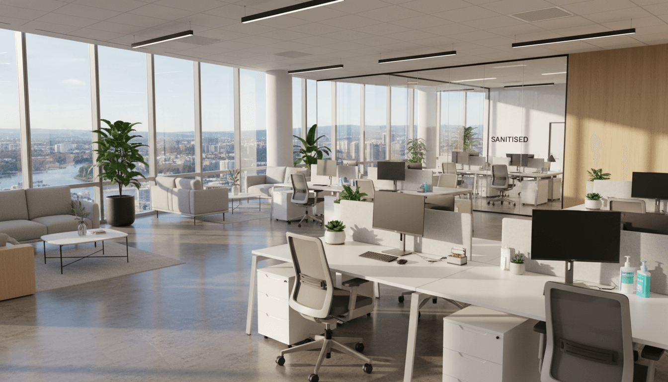 A sparkling clean, modern office interior in Parramatta, Australia, with polished floors and sunlit windows, reflecting a professional and hygienic environment after a deep clean. A sparkling clean, modern office interior in Parramatta, Australia, with polished floors and sunlit windows, reflecting a professional and hygienic environment after a deep clean.