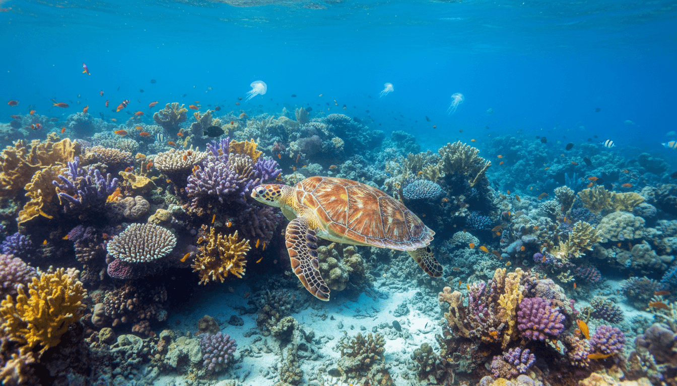 A stunning underwater shot of the Great Barrier Reef featuring colourful coral formations and a sea turtle swimming through clear turquoise water. A stunning underwater shot of the Great Barrier Reef featuring colourful coral formations and a sea turtle swimming through clear turquoise water.