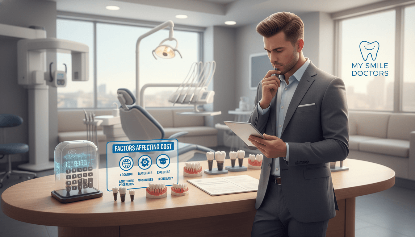 A visually compelling infographic depicting the factors affecting the cost of dental implants. In the foreground, include a dental professional in smart business attire, examining dental charts and model implants, with a thoughtful expression. In the middle, showcase various elements such as a calculator, diverse dental implant models, and a list titled "Factors Affecting Cost” with icons representing each factor like location, materials, and expertise. In the background, display a bright, modern dental clinic environment with comfortable seating and advanced equipment. Use soft, natural lighting to create an inviting atmosphere while emphasizing the professionalism of "my smile doctors". The image should convey clarity and helpfulness, designed for informative purposes without any text, watermarks, or distracting elements. A visually compelling infographic depicting the factors affecting the cost of dental implants. In the foreground, include a dental professional in smart business attire, examining dental charts and model implants, with a thoughtful expression. In the middle, showcase various elements such as a calculator, diverse dental implant models, and a list titled "Factors Affecting Cost” with icons representing each factor like location, materials, and expertise. In the background, display a bright, modern dental clinic environment with comfortable seating and advanced equipment. Use soft, natural lighting to create an inviting atmosphere while emphasizing the professionalism of "my smile doctors". The image should convey clarity and helpfulness, designed for informative purposes without any text, watermarks, or distracting elements.