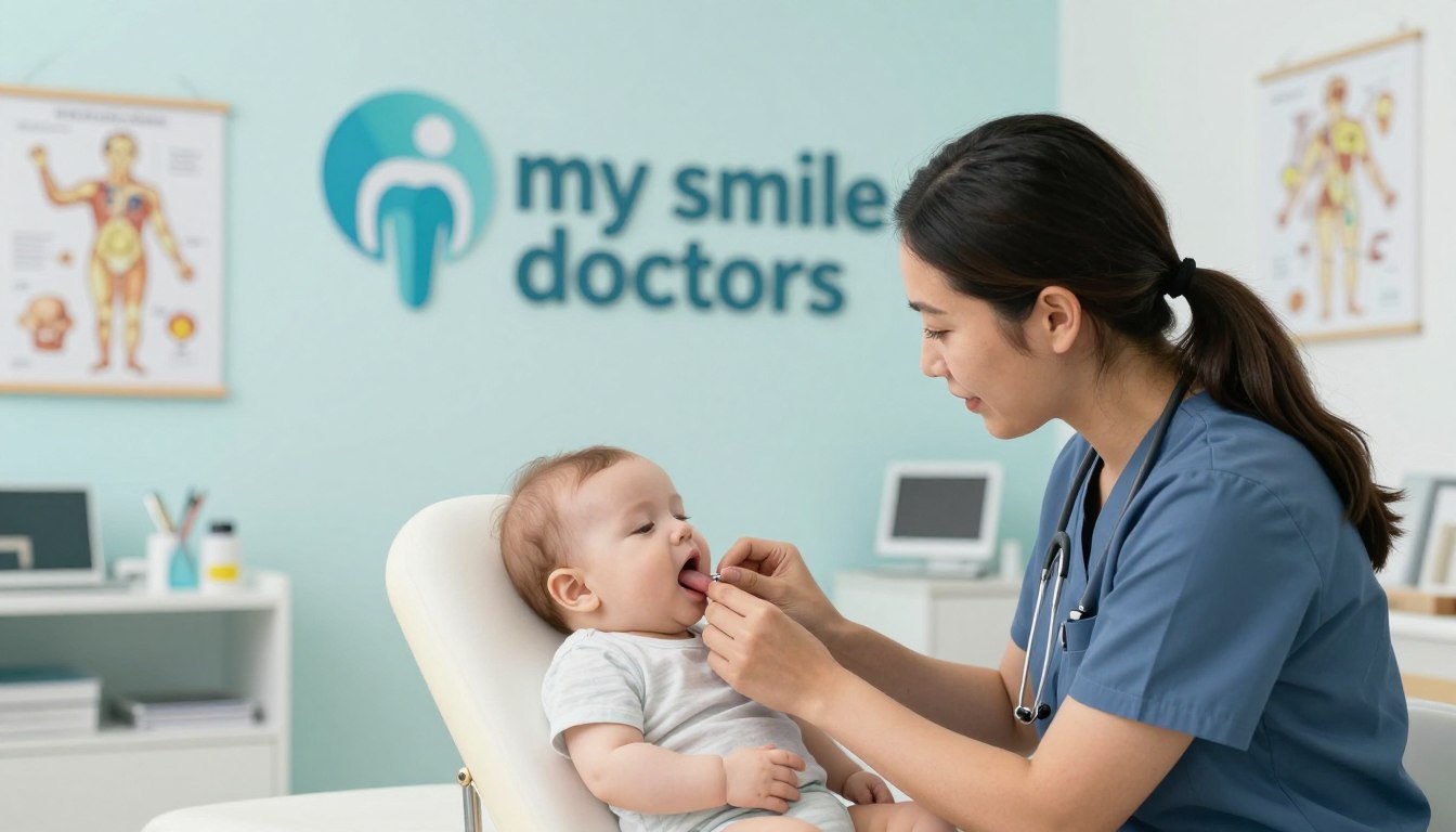 A warm and compassionate clinical setting showcasing a tongue tie treatment consultation. In the foreground, a healthcare professional in smart casual attire, focused and attentive, gently examining a baby's mouth, who appears calm and relaxed. The middle ground features a pediatrician's office with soft, natural lighting illuminating medical tools and anatomical charts on the walls, creating an inviting atmosphere. In the background, a soothing color palette of light blues and greens adds a sense of tranquility, while a logo prominently displays "my smile doctors" to emphasize expertise in tongue tie treatment. The composition captures a professional yet caring mood, emphasizing comfort and trust for concerned parents in Sydney and Parramatta. A warm and compassionate clinical setting showcasing a tongue tie treatment consultation. In the foreground, a healthcare professional in smart casual attire, focused and attentive, gently examining a baby's mouth, who appears calm and relaxed. The middle ground features a pediatrician's office with soft, natural lighting illuminating medical tools and anatomical charts on the walls, creating an inviting atmosphere. In the background, a soothing color palette of light blues and greens adds a sense of tranquility, while a logo prominently displays "my smile doctors" to emphasize expertise in tongue tie treatment. The composition captures a professional yet caring mood, emphasizing comfort and trust for concerned parents in Sydney and Parramatta.