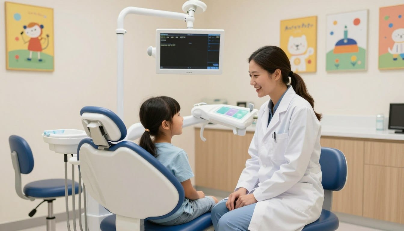 A warm and inviting dental clinic room in Parramatta specifically designed for children, featuring colourful wall art, a small dental chair, and a friendly dentist smiling at a happy young child during a check-up. A warm and inviting dental clinic room in Parramatta specifically designed for children, featuring colourful wall art, a small dental chair, and a friendly dentist smiling at a happy young child during a check-up.