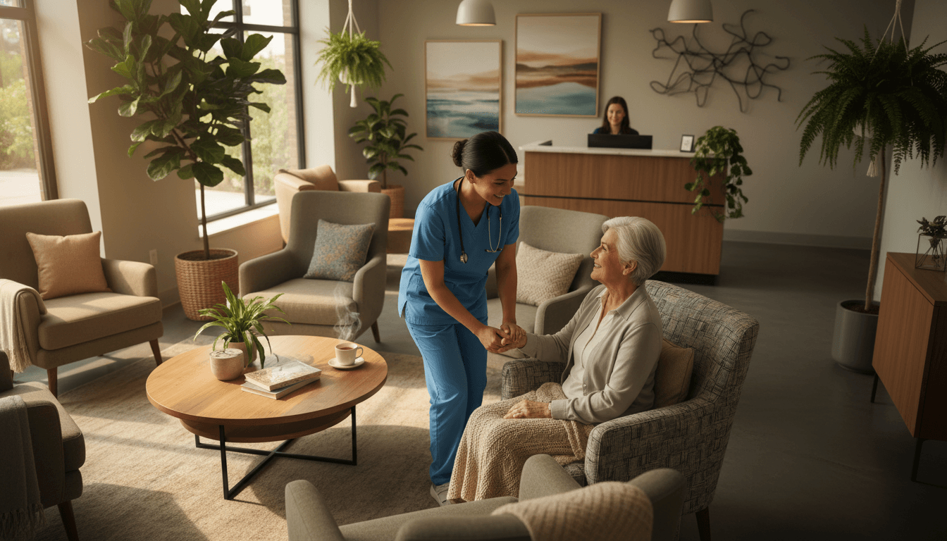 A warm and inviting healthcare environment showcasing personalized care. In the foreground, a compassionate healthcare professional, dressed in professional scrubs, is gently interacting with a diverse elderly patient who appears comforted and engaged in conversation. In the middle ground, elements like comfortable seating and cozy decor create a nurturing atmosphere, complemented by soft, golden lighting that enhances the feeling of warmth. The background reveals a well-organized healthcare space with reassuring visuals, such as plants and artwork, reflecting a balanced approach to comfort and quality in modern healthcare. The angle captures a slight overhead view, promoting an inclusive and approachable mood, emphasizing trust and empathy in personalized care.
