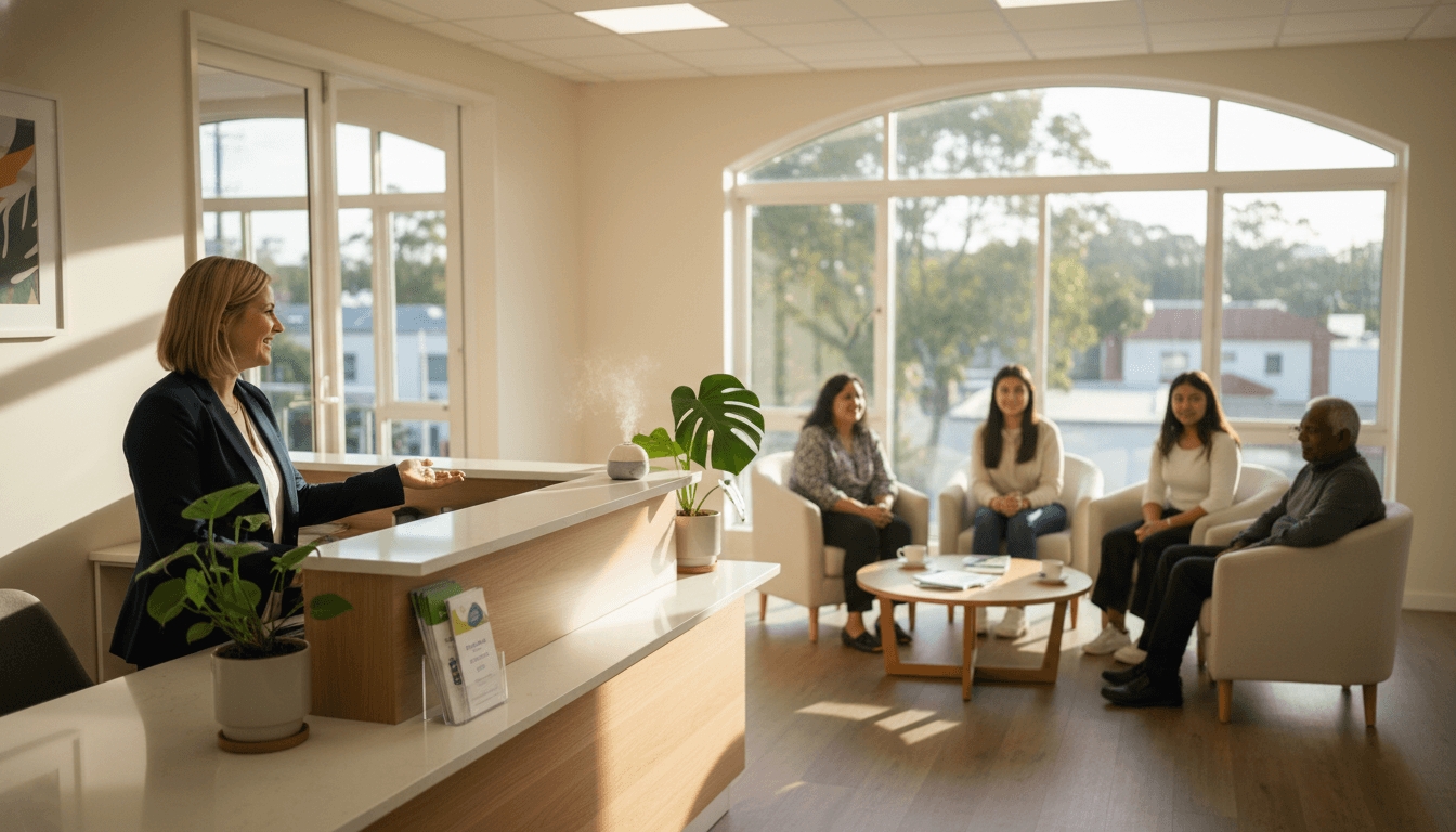 A warm and inviting service provider office in Parramatta NSW, featuring a friendly professional in business attire, smiling as they assist a diverse group of clients seated comfortably. The foreground shows a modern reception desk with potted plants and welcoming decor. In the middle ground, a soft seating area includes a coffee table with informative brochures. The background reveals large windows allowing natural sunlight to flood the space, creating a bright and cheerful atmosphere. Soft, diffused lighting enhances the welcoming feel, while a slight depth of field focuses on the interaction between the service provider and clients. The mood is calm, assuring, and supportive, reflecting reliability and approachability in a community care setting. A warm and inviting service provider office in Parramatta NSW, featuring a friendly professional in business attire, smiling as they assist a diverse group of clients seated comfortably. The foreground shows a modern reception desk with potted plants and welcoming decor. In the middle ground, a soft seating area includes a coffee table with informative brochures. The background reveals large windows allowing natural sunlight to flood the space, creating a bright and cheerful atmosphere. Soft, diffused lighting enhances the welcoming feel, while a slight depth of field focuses on the interaction between the service provider and clients. The mood is calm, assuring, and supportive, reflecting reliability and approachability in a community care setting.