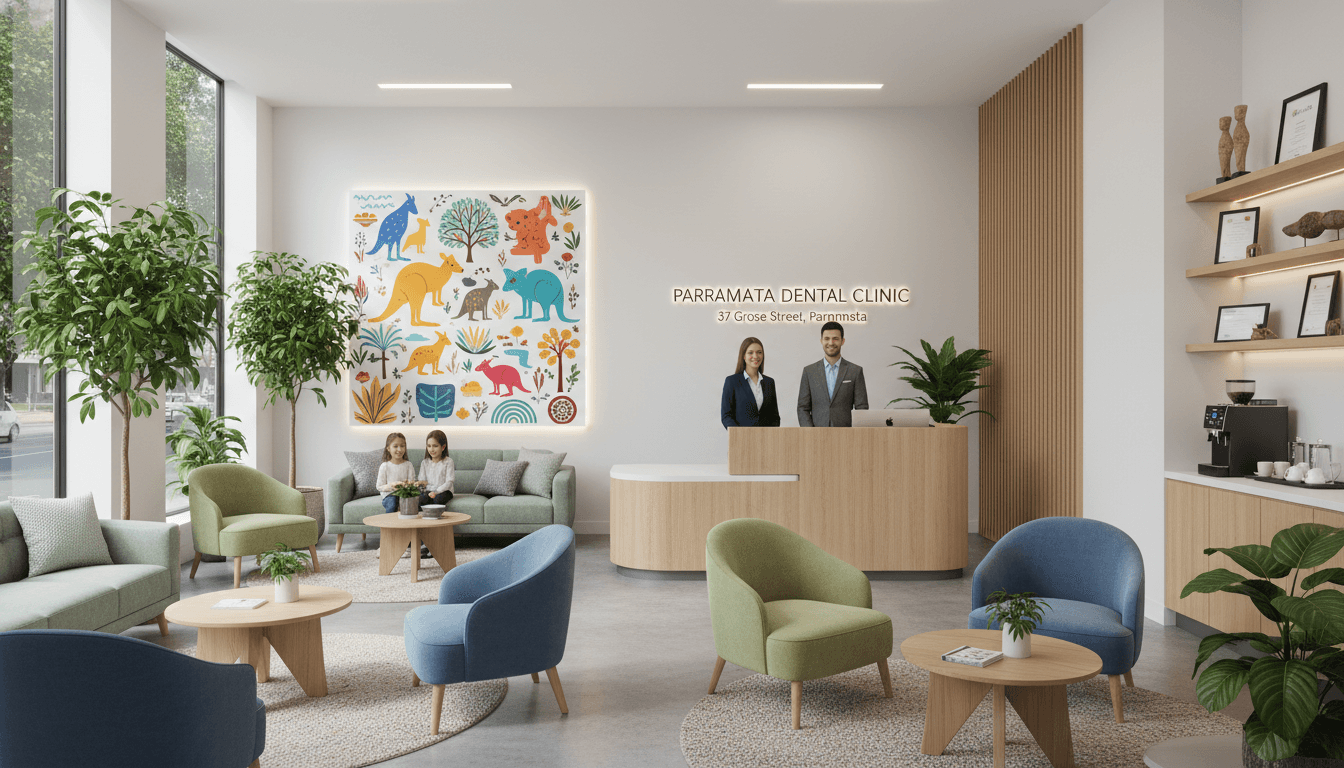 A warm and modern dental reception area at 37 Grose Street Parramatta, featuring comfortable seating, friendly staff, and bright Australian clinic decor, realistic interior style. A warm and modern dental reception area at 37 Grose Street Parramatta, featuring comfortable seating, friendly staff, and bright Australian clinic decor, realistic interior style.