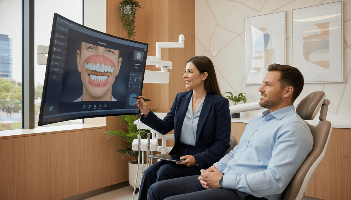 A warm, modern dental clinic room in Parramatta where a friendly female dentist is sitting with a relaxed patient, showing them a digital smile design on a high-definition screen, soft natural lighting, professional and compassionate atmosphere. A warm, modern dental clinic room in Parramatta where a friendly female dentist is sitting with a relaxed patient, showing them a digital smile design on a high-definition screen, soft natural lighting, professional and compassionate atmosphere.
