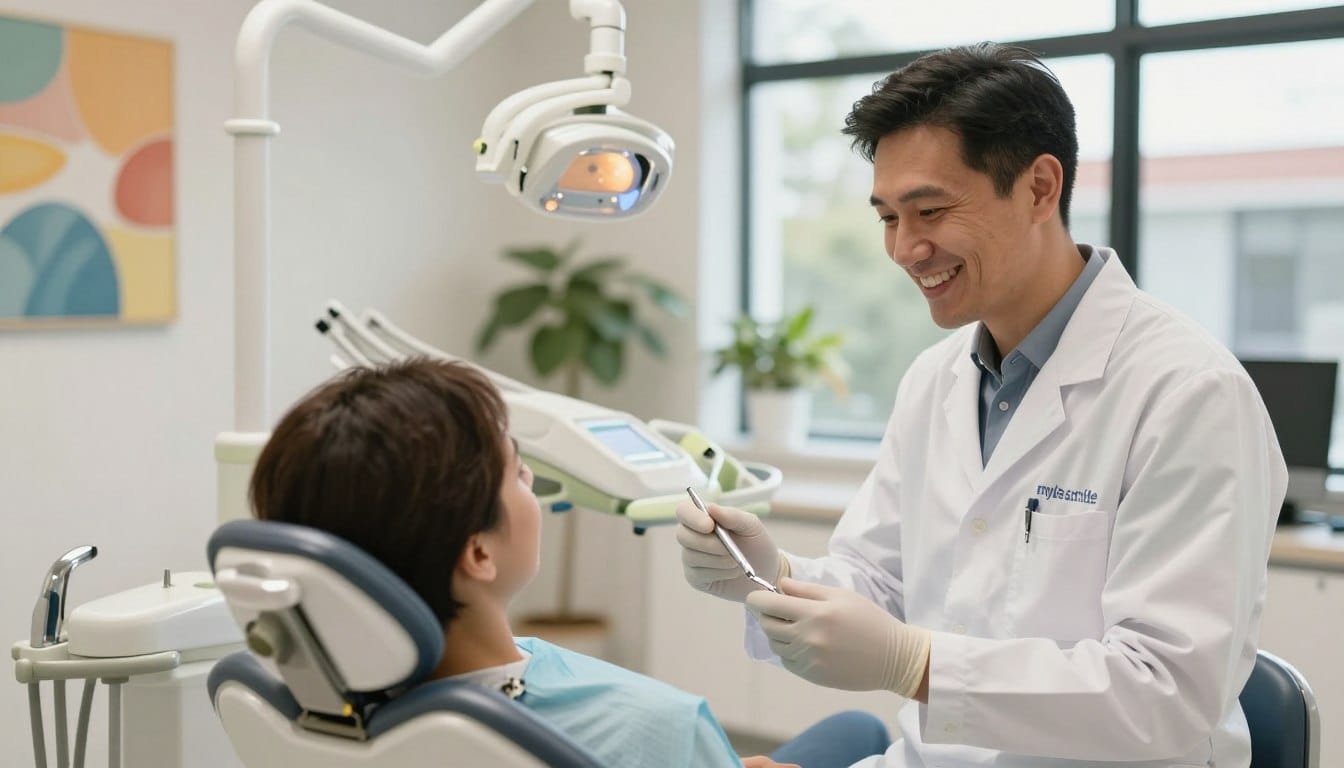 A warm, welcoming dental clinic in Parramatta showcasing a top-rated dentist providing exceptional care. In the foreground, a professional dentist in a crisp white coat, wearing a friendly smile, holds a dental tool, ready to assist a patient. The middle ground features a comfortable dental chair and advanced dental equipment, emphasizing a modern and clean environment. In the background, colorful artwork and soothing plants create a calming atmosphere. Soft, natural lighting filters through large windows, casting a gentle glow across the space. The overall mood evokes trust and professionalism, highlighting the brand name "my smile doctors" subtly integrated into the clinic's design. The angle captures both the dentist’s engaging demeanor and the inviting ambiance of the clinic, ensuring a sense of comfort and care. A warm, welcoming dental clinic in Parramatta showcasing a top-rated dentist providing exceptional care. In the foreground, a professional dentist in a crisp white coat, wearing a friendly smile, holds a dental tool, ready to assist a patient. The middle ground features a comfortable dental chair and advanced dental equipment, emphasizing a modern and clean environment. In the background, colorful artwork and soothing plants create a calming atmosphere. Soft, natural lighting filters through large windows, casting a gentle glow across the space. The overall mood evokes trust and professionalism, highlighting the brand name "my smile doctors" subtly integrated into the clinic's design. The angle captures both the dentist’s engaging demeanor and the inviting ambiance of the clinic, ensuring a sense of comfort and care.