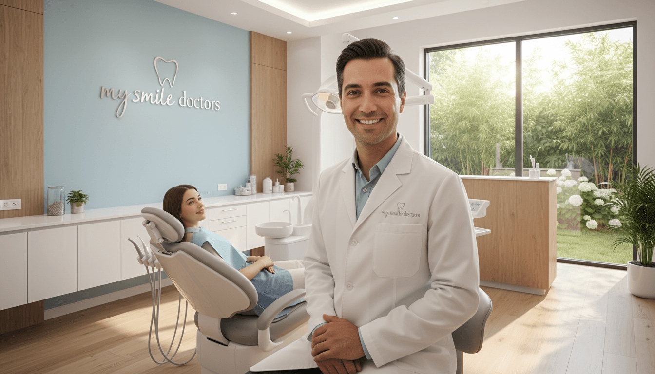 A welcoming and modern dental clinic interior, featuring a cosmetic dentist wearing a white coat and smiling confidently, addressing a patient in a comfortable dental chair. The foreground shows the dentist's friendly demeanor, with gentle lighting reflecting a calming atmosphere. In the middle background, soothing colors like light blue and white are present, enhancing a sense of tranquility. Dental tools and a treatment area are subtly arranged, emphasizing professionalism. The background includes a large window with natural light streaming in, giving a view of a serene green garden outside, contributing to the anxiety-free theme. The clinic logo "my smile doctors" is elegantly displayed on the wall. A professional yet calming mood permeates the scene, conveying trust and comfort. A welcoming and modern dental clinic interior, featuring a cosmetic dentist wearing a white coat and smiling confidently, addressing a patient in a comfortable dental chair. The foreground shows the dentist's friendly demeanor, with gentle lighting reflecting a calming atmosphere. In the middle background, soothing colors like light blue and white are present, enhancing a sense of tranquility. Dental tools and a treatment area are subtly arranged, emphasizing professionalism. The background includes a large window with natural light streaming in, giving a view of a serene green garden outside, contributing to the anxiety-free theme. The clinic logo "my smile doctors" is elegantly displayed on the wall. A professional yet calming mood permeates the scene, conveying trust and comfort.