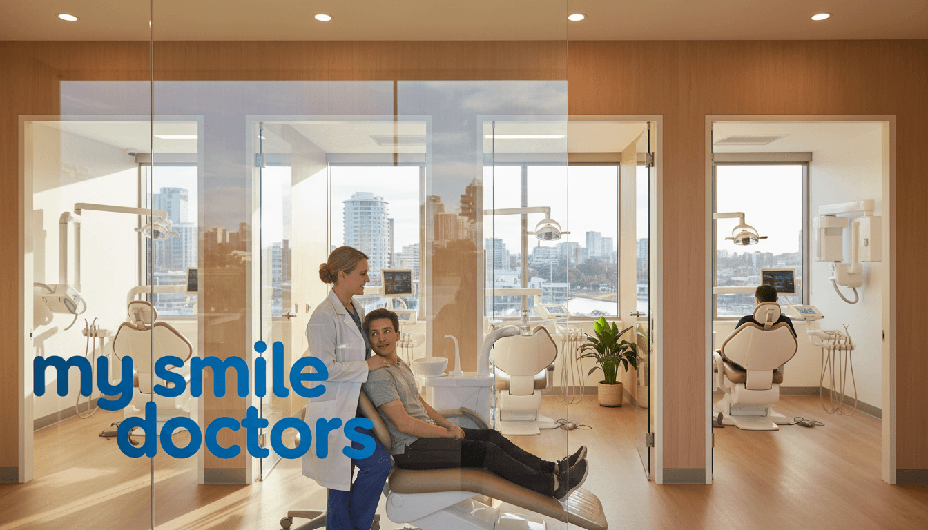 A welcoming dental clinic with a modern design, featuring the brand name "my smile doctors" prominently displayed on the front. In the foreground, a friendly dentist in professional attire is interacting with a patient in a comforting chair, both displaying expressions of compassion and trust. The middle ground showcases state-of-the-art dental equipment and bright, clean treatment rooms filled with natural light streaming through large windows. The background shows a serene urban landscape of Parramatta, with recognizable landmarks softly blurred. The overall atmosphere is warm and inviting, conveying a sense of calm and caring. The lighting is soft yet bright, enhancing the professional and friendly vibe, while the angle captures both the warmth of patient care and the high-quality facilities available for emergency dental needs. A welcoming dental clinic with a modern design, featuring the brand name "my smile doctors" prominently displayed on the front. In the foreground, a friendly dentist in professional attire is interacting with a patient in a comforting chair, both displaying expressions of compassion and trust. The middle ground showcases state-of-the-art dental equipment and bright, clean treatment rooms filled with natural light streaming through large windows. The background shows a serene urban landscape of Parramatta, with recognizable landmarks softly blurred. The overall atmosphere is warm and inviting, conveying a sense of calm and caring. The lighting is soft yet bright, enhancing the professional and friendly vibe, while the angle captures both the warmth of patient care and the high-quality facilities available for emergency dental needs.