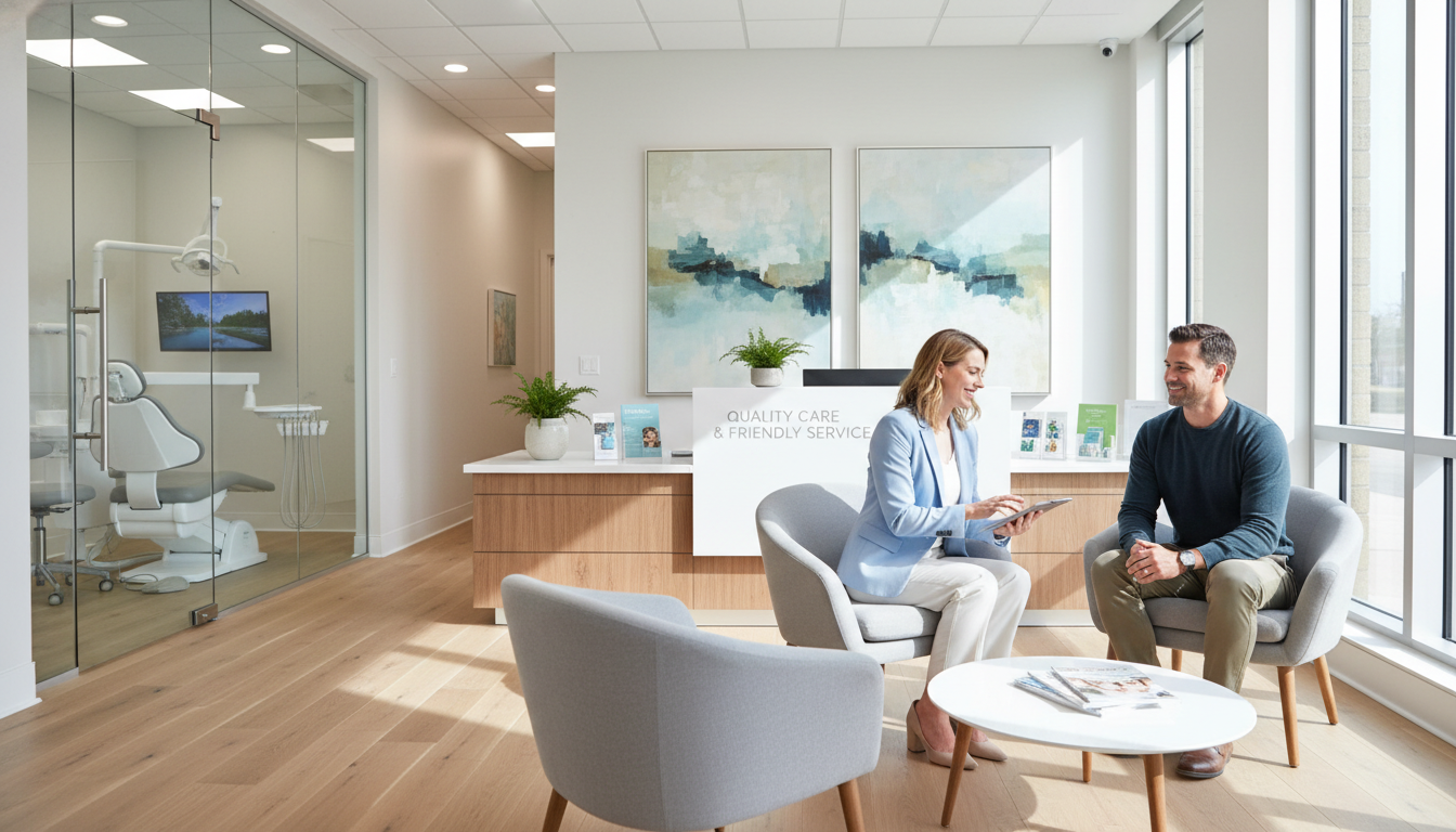 A welcoming dental office reception area, featuring a comfortable seating arrangement with modern furniture and bright, calming colors. In the foreground, a friendly receptionist wearing professional attire is interacting with a patient, utilizing a digital tablet to schedule an appointment. The middle layer showcases a stylish reception desk adorned with dental brochures and plants, while the background features a well-lit dental treatment room with soothing artwork on the walls. Natural light filters in through large windows, creating an inviting atmosphere. The mood is relaxed and reassuring, emphasizing quality care and friendly service, ideal for anxiety-free dental treatment. A welcoming dental office reception area, featuring a comfortable seating arrangement with modern furniture and bright, calming colors. In the foreground, a friendly receptionist wearing professional attire is interacting with a patient, utilizing a digital tablet to schedule an appointment. The middle layer showcases a stylish reception desk adorned with dental brochures and plants, while the background features a well-lit dental treatment room with soothing artwork on the walls. Natural light filters in through large windows, creating an inviting atmosphere. The mood is relaxed and reassuring, emphasizing quality care and friendly service, ideal for anxiety-free dental treatment.