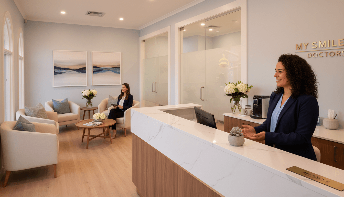 A welcoming dental surgery reception area of "my smile doctors" features warm, soft lighting that creates a soothing atmosphere. In the foreground, a friendly dental assistant, dressed in professional business attire, stands behind a reception desk, smiling reassuringly at a patient. In the middle ground, a comfortable seating area with plush chairs and calming artwork on the walls invites relaxation. A small coffee station with fresh flowers adds a homey touch. In the background, the softly lit dental treatment rooms are visible through glass doors, exuding cleanliness and professionalism. The scene captures anticipation and comfort, ideal for illustrating the feeling of arriving for an anxiety-free dental visit. A welcoming dental surgery reception area of "my smile doctors" features warm, soft lighting that creates a soothing atmosphere. In the foreground, a friendly dental assistant, dressed in professional business attire, stands behind a reception desk, smiling reassuringly at a patient. In the middle ground, a comfortable seating area with plush chairs and calming artwork on the walls invites relaxation. A small coffee station with fresh flowers adds a homey touch. In the background, the softly lit dental treatment rooms are visible through glass doors, exuding cleanliness and professionalism. The scene captures anticipation and comfort, ideal for illustrating the feeling of arriving for an anxiety-free dental visit.