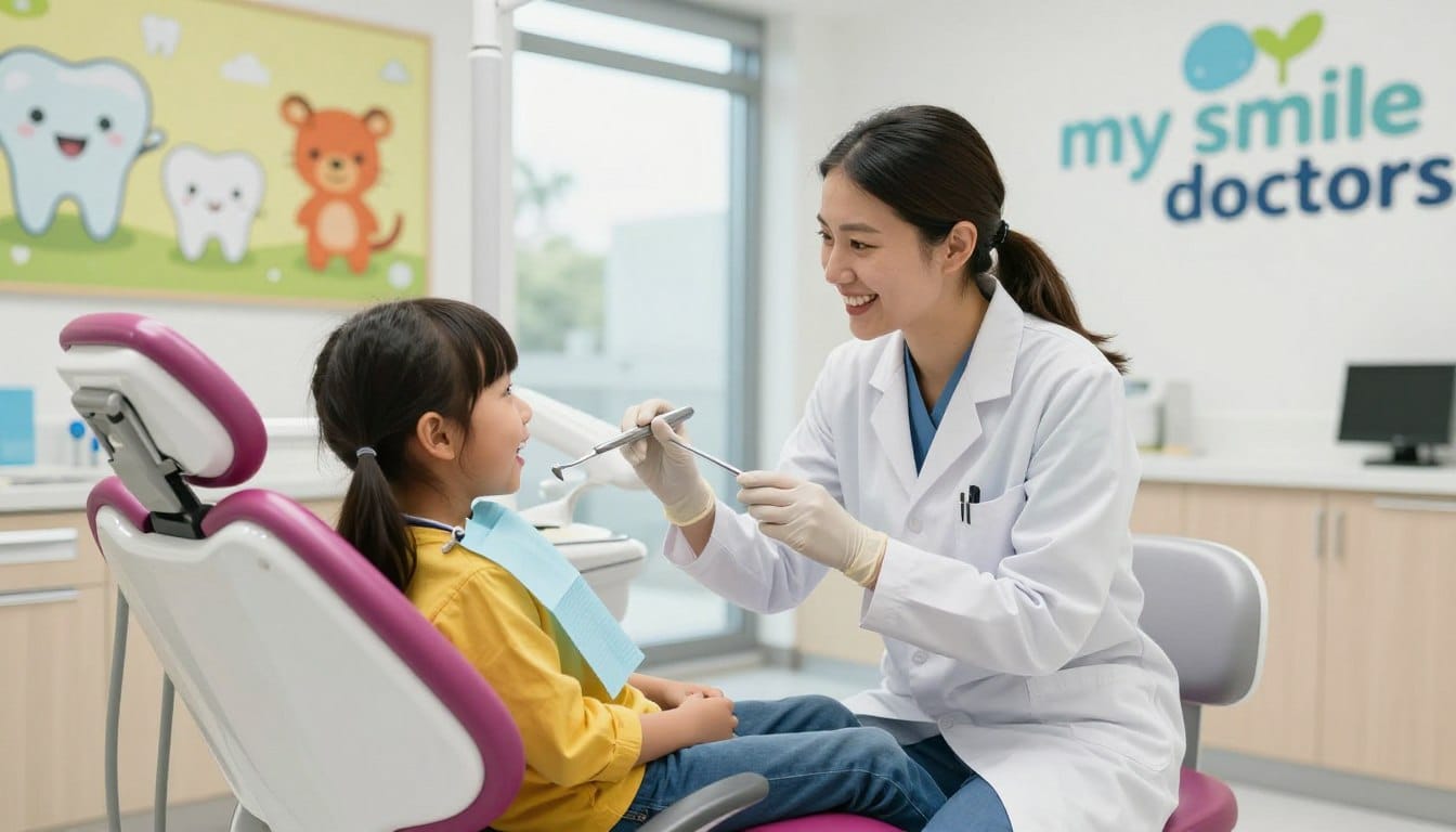 A welcoming pediatric dental clinic interior, featuring a friendly dentist and an excited child sitting in a colorful dental chair. The dentist, dressed in a professional, cheerful outfit, is demonstrating dental care with a bright smile, emphasizing a gentle approach. The child, in casual, bright clothing, looks engaged and comfortable. In the background, cheerful wall art depicting cartoon teeth and colorful animals creates a warm and inviting atmosphere. Soft, natural light streams in from large windows, enhancing the happy mood. The overall setting conveys trust and care, prominently displaying the logo "my smile doctors" on a wall. The lens captures the scene at eye level, highlighting the dentist's interaction with the child. A welcoming pediatric dental clinic interior, featuring a friendly dentist and an excited child sitting in a colorful dental chair. The dentist, dressed in a professional, cheerful outfit, is demonstrating dental care with a bright smile, emphasizing a gentle approach. The child, in casual, bright clothing, looks engaged and comfortable. In the background, cheerful wall art depicting cartoon teeth and colorful animals creates a warm and inviting atmosphere. Soft, natural light streams in from large windows, enhancing the happy mood. The overall setting conveys trust and care, prominently displaying the logo "my smile doctors" on a wall. The lens captures the scene at eye level, highlighting the dentist's interaction with the child.