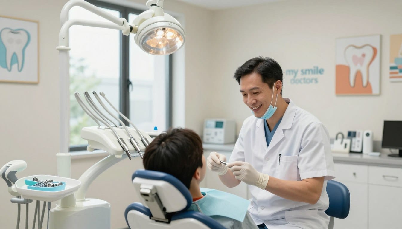 A well-equipped emergency dental clinic interior, showcasing a clean and modern treatment room. In the foreground, a friendly dentist dressed in professional attire is examining a patient in a dental chair, ensuring a compassionate and reassuring expression. The mid-ground displays various dental tools and equipment, neatly organized on a counter, emphasizing readiness for emergency care. In the background, a large window allows natural light to pour in, creating a welcoming atmosphere. The walls are adorned with calming, neutral colors, and dental-themed art. The branding "my smile doctors" is subtly displayed on the office wall. The overall mood is professional and comforting, conveying a sense of urgency and care in providing emergency dental services. A well-equipped emergency dental clinic interior, showcasing a clean and modern treatment room. In the foreground, a friendly dentist dressed in professional attire is examining a patient in a dental chair, ensuring a compassionate and reassuring expression. The mid-ground displays various dental tools and equipment, neatly organized on a counter, emphasizing readiness for emergency care. In the background, a large window allows natural light to pour in, creating a welcoming atmosphere. The walls are adorned with calming, neutral colors, and dental-themed art. The branding "my smile doctors" is subtly displayed on the office wall. The overall mood is professional and comforting, conveying a sense of urgency and care in providing emergency dental services.