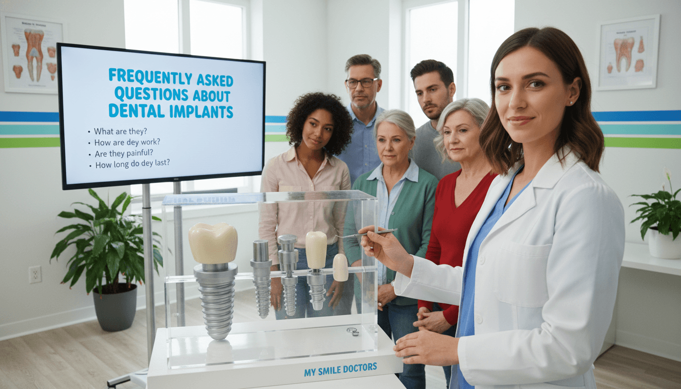 A well-organized and informative scene that represents "Frequently Asked Questions About Dental Implants." In the foreground, a friendly dentist in professional attire stands next to a large model of a dental implant, demonstrating its components with a warm smile. In the middle ground, a diverse group of patients, including a young woman and a middle-aged man, observe attentively, appearing engaged and curious. The background features a modern dental office with bright, clean aesthetics, showcasing dental charts and calming colors. Soft, natural lighting illuminates the scene, creating an inviting atmosphere. The overall mood is friendly and informative, highlighting the expertise of "my smile doctors" in dental implants while maintaining a professional and approachable feel. A well-organized and informative scene that represents "Frequently Asked Questions About Dental Implants." In the foreground, a friendly dentist in professional attire stands next to a large model of a dental implant, demonstrating its components with a warm smile. In the middle ground, a diverse group of patients, including a young woman and a middle-aged man, observe attentively, appearing engaged and curious. The background features a modern dental office with bright, clean aesthetics, showcasing dental charts and calming colors. Soft, natural lighting illuminates the scene, creating an inviting atmosphere. The overall mood is friendly and informative, highlighting the expertise of "my smile doctors" in dental implants while maintaining a professional and approachable feel.
