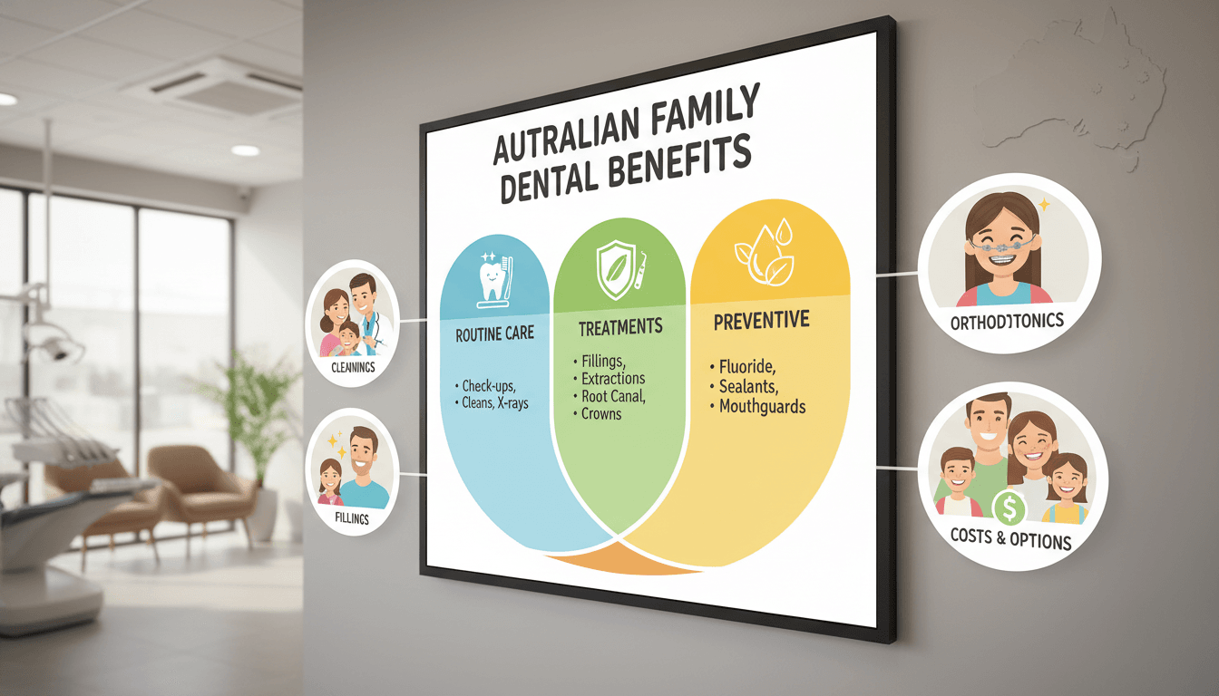 A well-organized dental benefits schedule visual for families in Australia, prominently featuring a colorful and engaging layout. In the foreground, depict a stylized chart with sections illustrating key benefits like coverage for routine check-ups, treatments, and preventive care. In the middle ground, display simple icons representing dental services like cleanings, fillings, and orthodontics next to family-oriented imagery, such as smiling parents and children receiving dental care. The background should be a soft, blurred clinic setting, creating a friendly and welcoming atmosphere. Use bright and cheerful lighting to evoke a sense of positivity and well-being. Opt for a slightly angled perspective that draws attention to both the schedule and the family-centered theme. Make sure the overall tone is informative yet inviting, suitable for guiding families in Australia on dental care costs and payment options. A well-organized dental benefits schedule visual for families in Australia, prominently featuring a colorful and engaging layout. In the foreground, depict a stylized chart with sections illustrating key benefits like coverage for routine check-ups, treatments, and preventive care. In the middle ground, display simple icons representing dental services like cleanings, fillings, and orthodontics next to family-oriented imagery, such as smiling parents and children receiving dental care. The background should be a soft, blurred clinic setting, creating a friendly and welcoming atmosphere. Use bright and cheerful lighting to evoke a sense of positivity and well-being. Opt for a slightly angled perspective that draws attention to both the schedule and the family-centered theme. Make sure the overall tone is informative yet inviting, suitable for guiding families in Australia on dental care costs and payment options.