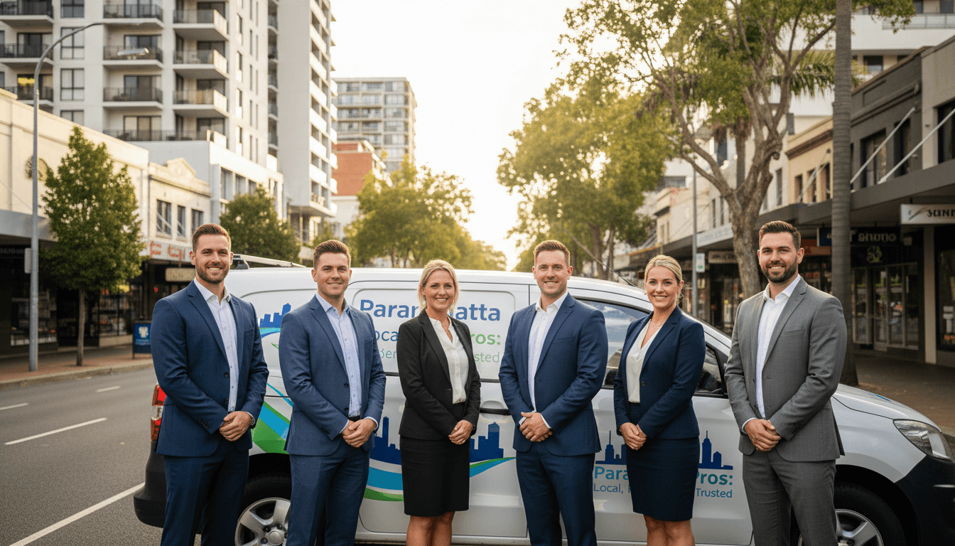 A wide-angle, warm, and inviting photograph of a professional service team in Parramatta, Australia, standing in front of a clean, branded van with a backdrop of local residential and commercial buildings, natural sunlight, high resolution. A wide-angle, warm, and inviting photograph of a professional service team in Parramatta, Australia, standing in front of a clean, branded van with a backdrop of local residential and commercial buildings, natural sunlight, high resolution.