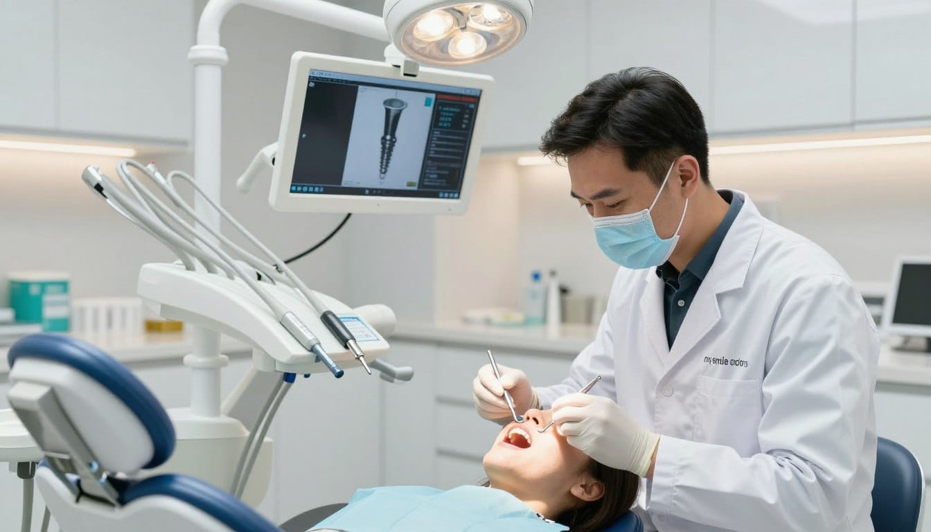 An advanced dental treatment scene showcasing dental implants and CEREC crowns in a modern dental clinic. In the foreground, a professional dentist in a white coat examines a patient's mouth with a dental mirror, emphasizing precision. The middle ground features a dental chair equipped with high-tech instruments and a digital screen displaying an implant blueprint. In the background, sleek cabinetry holds dental materials and a calming, well-lit atmosphere permeates the room. Soft, bright lighting emphasizes the cleanliness and modernity of the space. The image captures a focus on innovation in oral health, reflecting the expertise of "my smile doctors". The overall mood is reassuring and professional, highlighting the advanced technology and quality care in dentistry. An advanced dental treatment scene showcasing dental implants and CEREC crowns in a modern dental clinic. In the foreground, a professional dentist in a white coat examines a patient's mouth with a dental mirror, emphasizing precision. The middle ground features a dental chair equipped with high-tech instruments and a digital screen displaying an implant blueprint. In the background, sleek cabinetry holds dental materials and a calming, well-lit atmosphere permeates the room. Soft, bright lighting emphasizes the cleanliness and modernity of the space. The image captures a focus on innovation in oral health, reflecting the expertise of "my smile doctors". The overall mood is reassuring and professional, highlighting the advanced technology and quality care in dentistry.