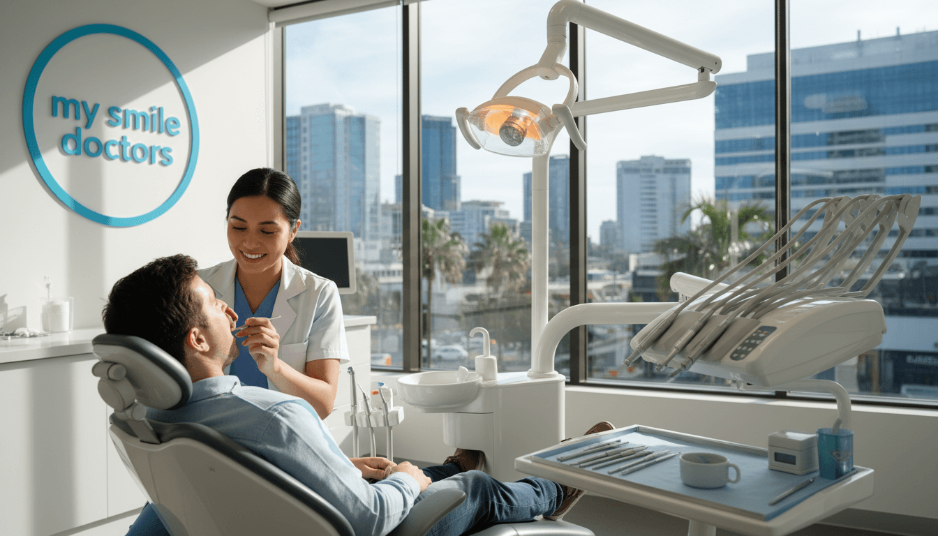 An emergency dental clinic in Parramatta, Australia's vibrant city scene. In the foreground, a caring dentist dressed in professional attire is gently examining a patient's teeth while providing a reassuring smile. The middle ground features modern dental equipment and a well-organized workspace, showcasing a bright, sanitized environment. In the background, large windows reveal a glimpse of Parramatta's skyline during a sunny day, enhancing the cheerful atmosphere. Soft, natural lighting floods the room, casting gentle shadows that evoke a sense of calm and safety. The scene is inviting and conveys a feeling of comfort, highlighting the theme of anxiety-free dental care. Include a discreet sign with the brand name "my smile doctors" visible in the clinic. An emergency dental clinic in Parramatta, Australia's vibrant city scene. In the foreground, a caring dentist dressed in professional attire is gently examining a patient's teeth while providing a reassuring smile. The middle ground features modern dental equipment and a well-organized workspace, showcasing a bright, sanitized environment. In the background, large windows reveal a glimpse of Parramatta's skyline during a sunny day, enhancing the cheerful atmosphere. Soft, natural lighting floods the room, casting gentle shadows that evoke a sense of calm and safety. The scene is inviting and conveys a feeling of comfort, highlighting the theme of anxiety-free dental care. Include a discreet sign with the brand name "my smile doctors" visible in the clinic.