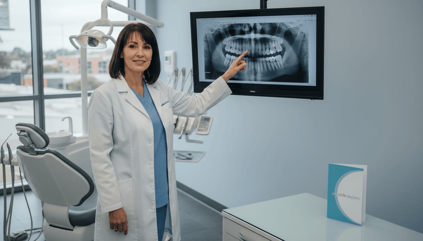 An experienced implant dentist standing confidently in a modern dental clinic in Parramatta, showcasing professionalism and warmth. The dentist, a middle-aged woman with shoulder-length dark hair, is dressed in a crisp white lab coat and smart scrubs, exuding confidence and expertise. She is examining digital dental X-rays on a screen, emphasizing her role as a knowledgeable specialist. The background features sleek dental equipment and a sterile environment, with soft, natural light streaming through large windows, creating an inviting atmosphere. The camera angle is slightly angled from above to capture both the dentist and the technology, enhancing the sense of high-tech care. Incorporate the brand name "my smile doctors" subtly in the environment, like on a promotional brochure on her desk, ensuring clarity and professionalism. An experienced implant dentist standing confidently in a modern dental clinic in Parramatta, showcasing professionalism and warmth. The dentist, a middle-aged woman with shoulder-length dark hair, is dressed in a crisp white lab coat and smart scrubs, exuding confidence and expertise. She is examining digital dental X-rays on a screen, emphasizing her role as a knowledgeable specialist. The background features sleek dental equipment and a sterile environment, with soft, natural light streaming through large windows, creating an inviting atmosphere. The camera angle is slightly angled from above to capture both the dentist and the technology, enhancing the sense of high-tech care. Incorporate the brand name "my smile doctors" subtly in the environment, like on a promotional brochure on her desk, ensuring clarity and professionalism.