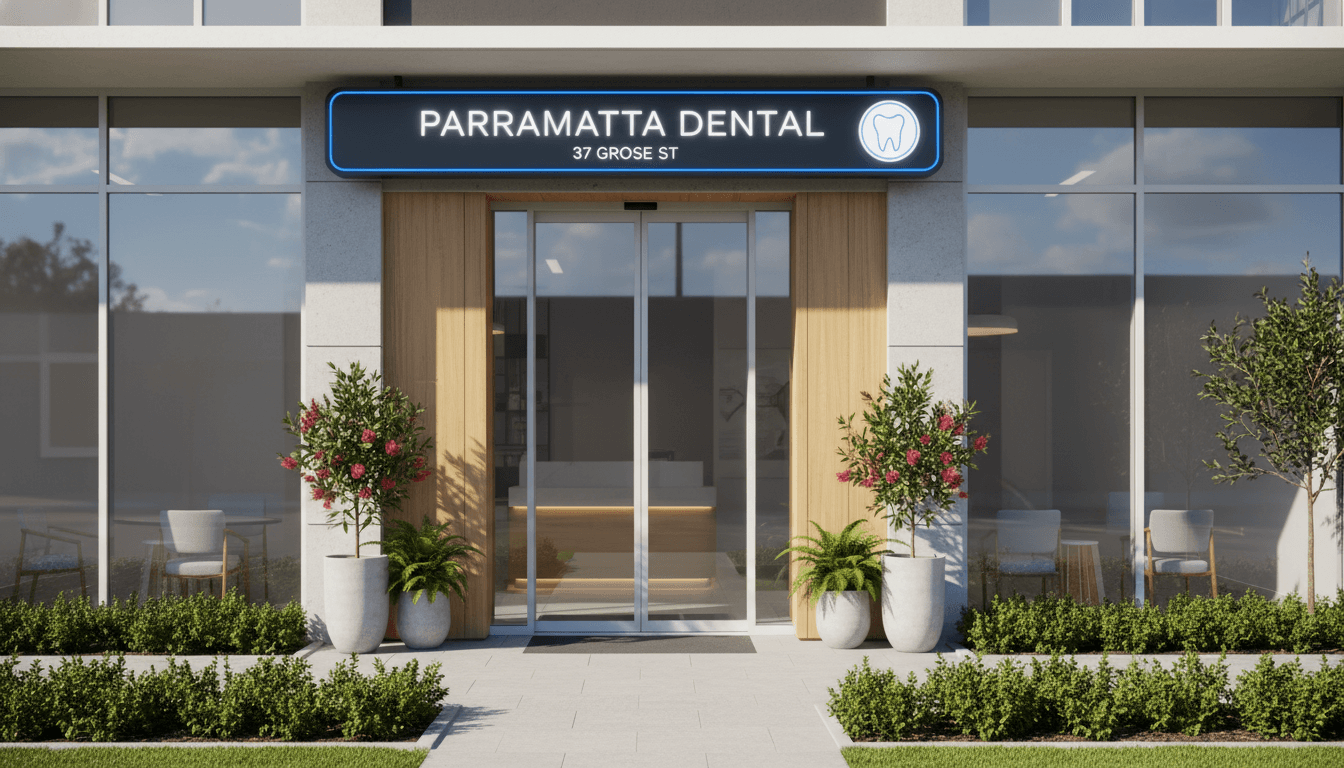 An inviting, modern dental clinic exterior located at 37 Grose Street Parramatta, featuring clear signage, professional landscaping, and a bright, welcoming entrance in the Sydney suburb.