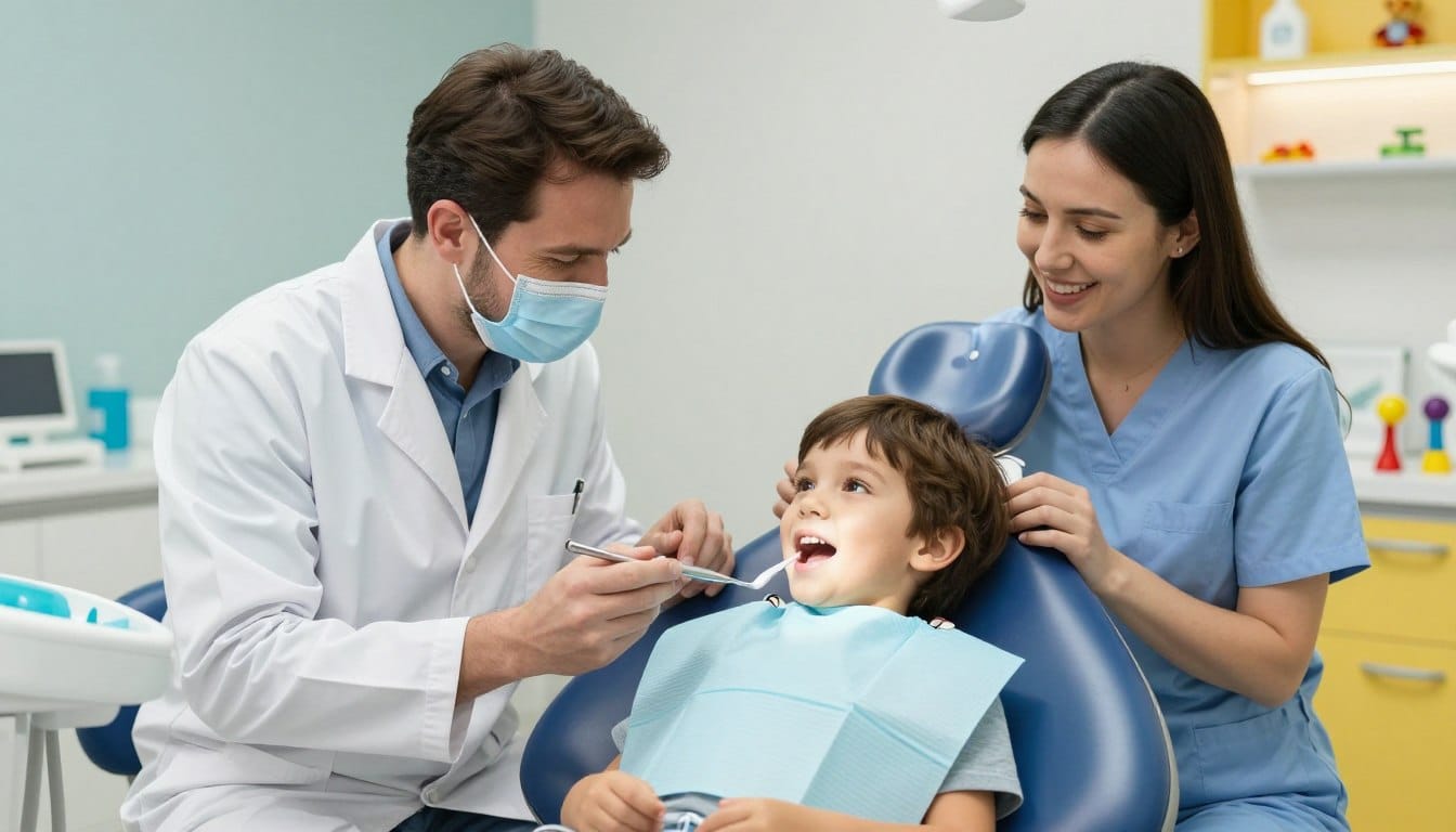 Child having positive first dental visit experience with pediatric dentist Child having positive first dental visit experience with pediatric dentist