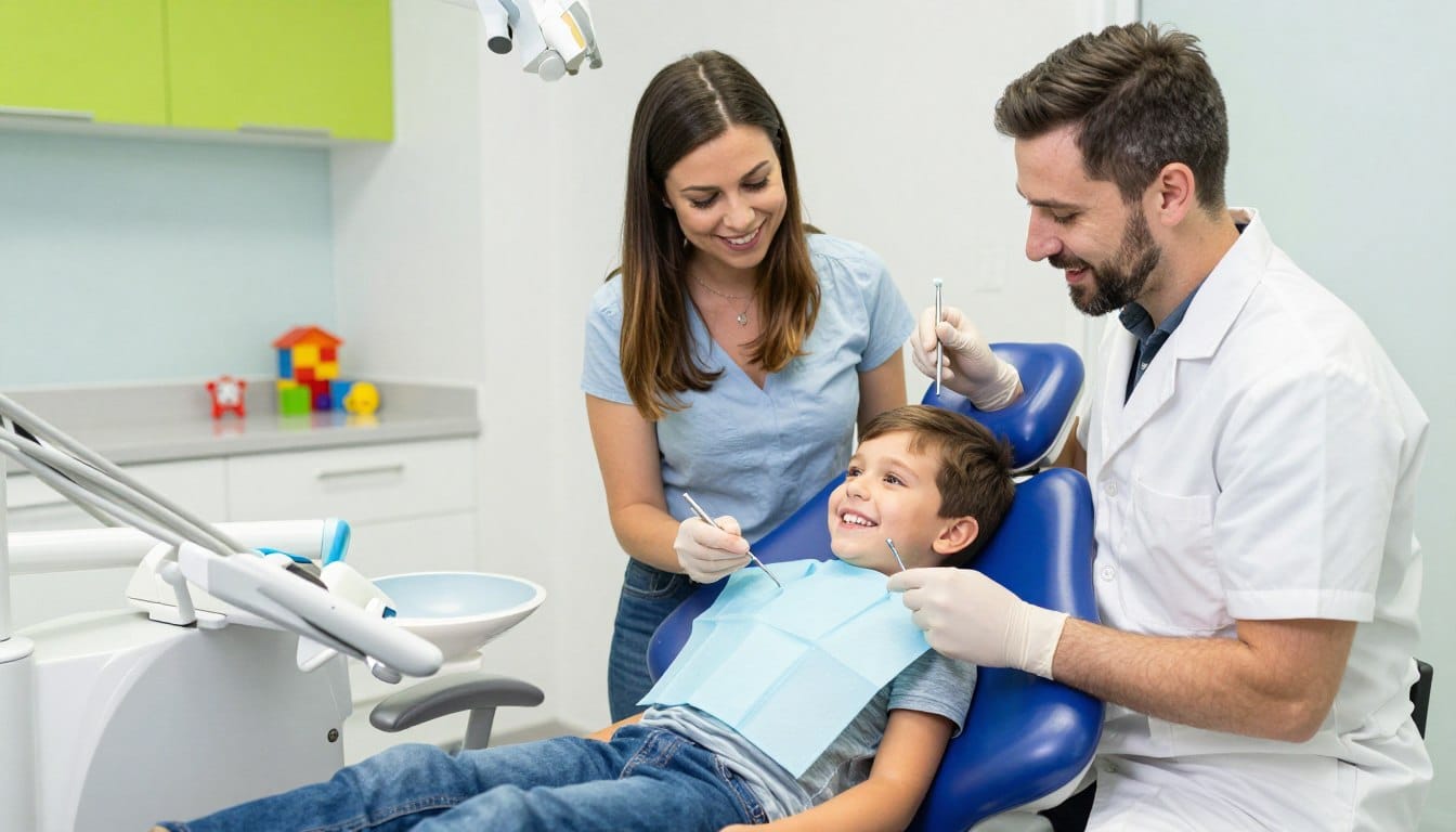 Child patient receiving gentle dental care with parent present Child patient receiving gentle dental care with parent present