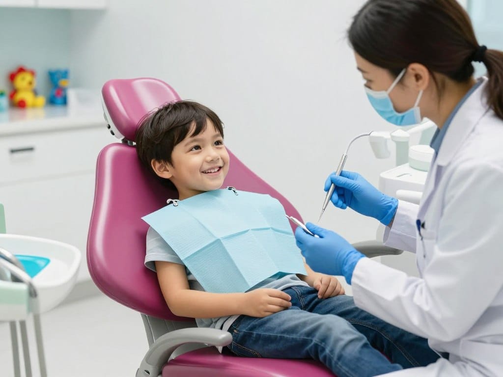 Child patient sitting happily in dental chair