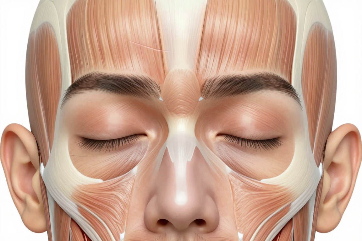 Close-up of facial muscles diagram showing treatment areas for anti-wrinkle injections around eyes and forehead Close-up of facial muscles diagram showing treatment areas for anti-wrinkle injections around eyes and forehead