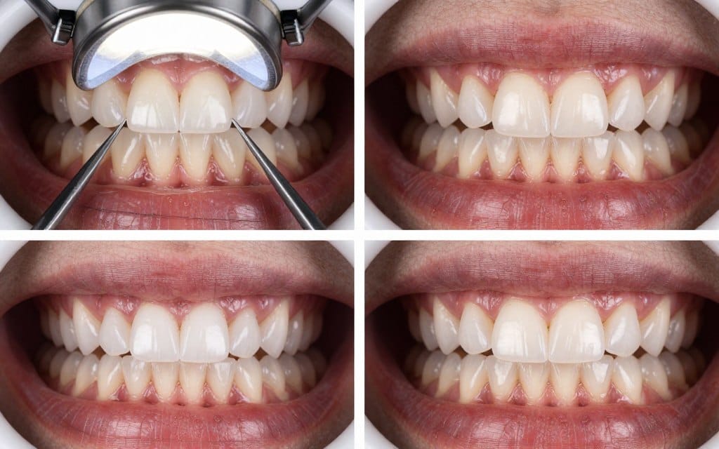 Cosmetic dentistry smile transformation showing veneers application process Cosmetic dentistry smile transformation showing veneers application process