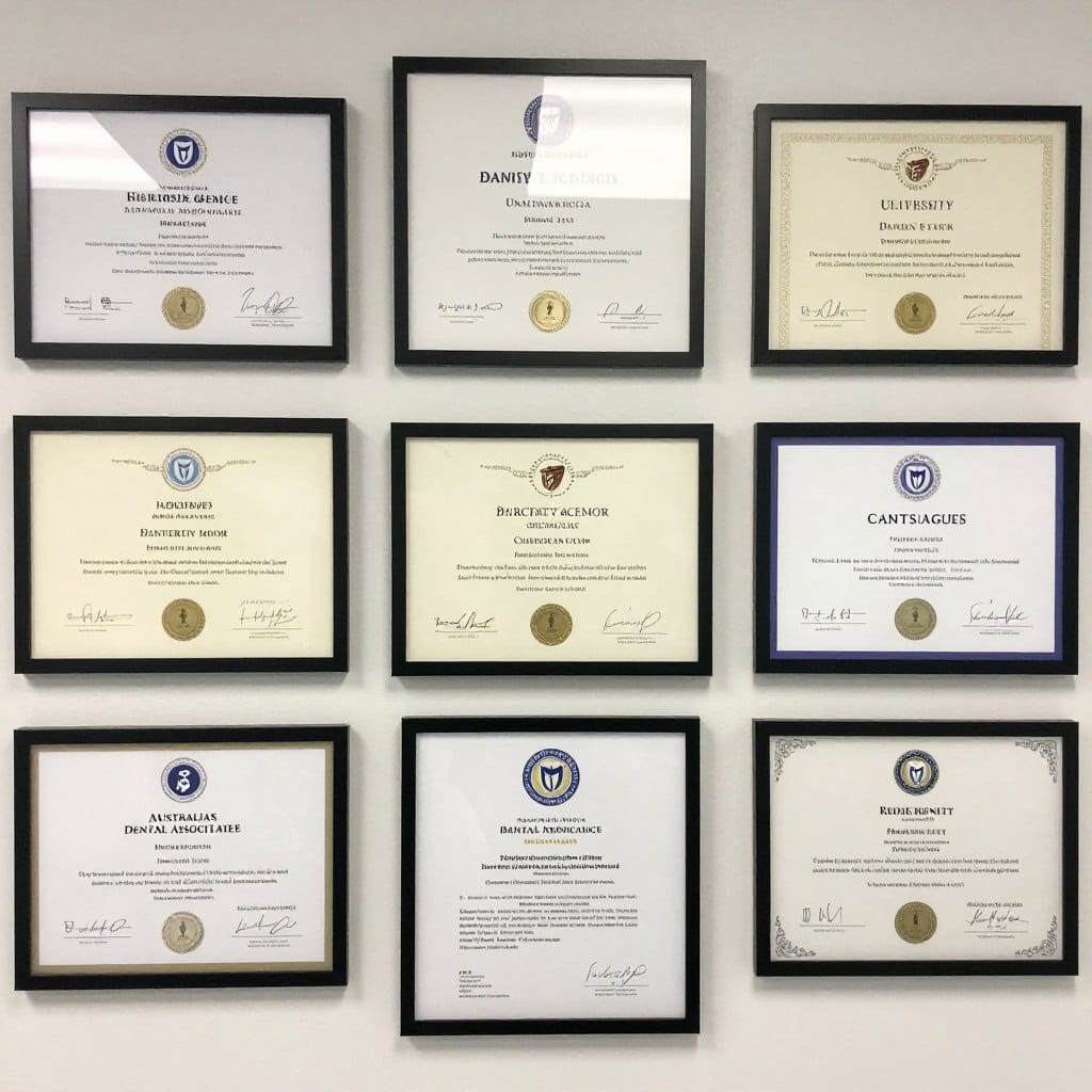 Dental certificates and credentials displayed
