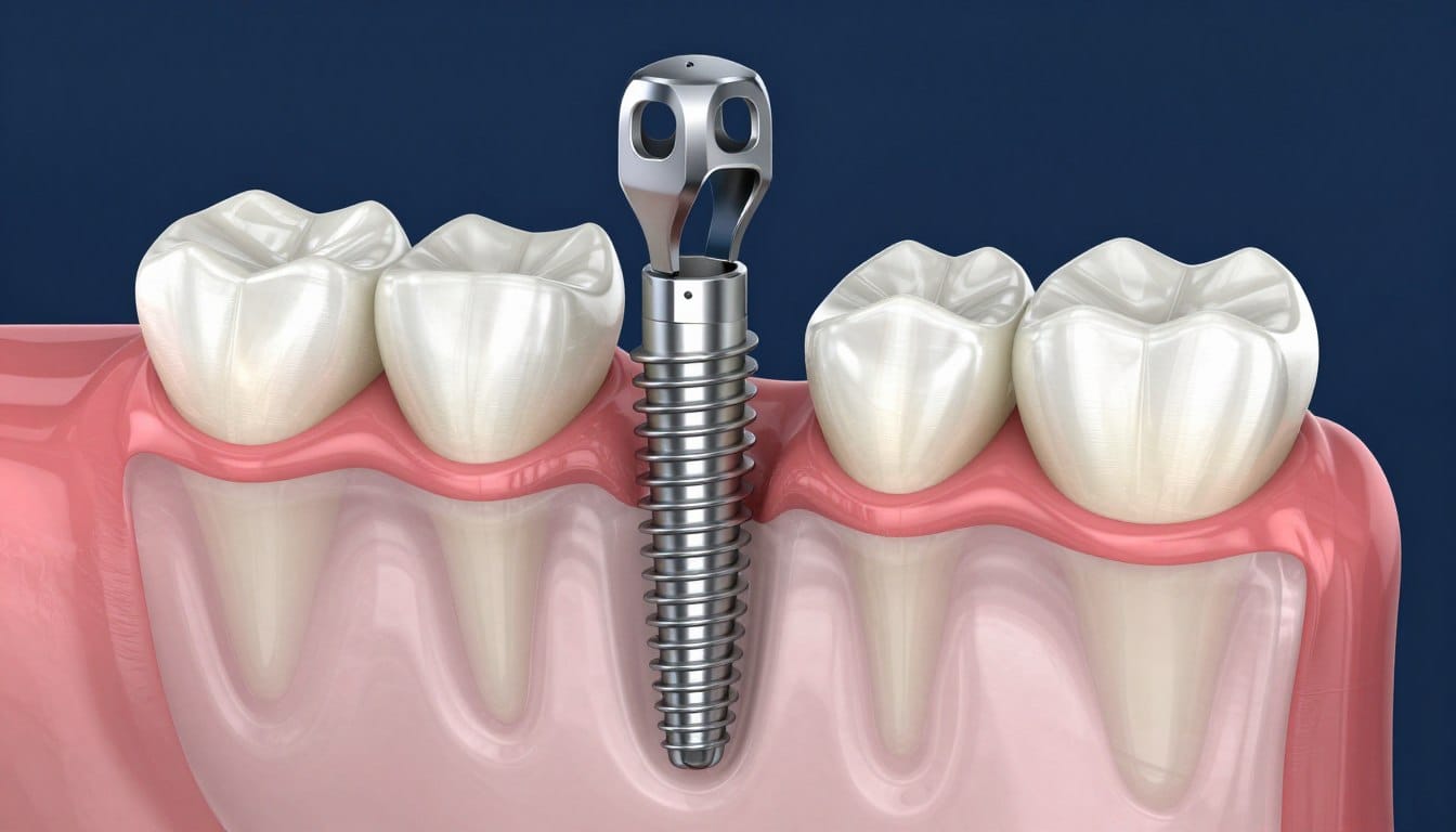 Dental implant procedure 3D visualization showing implant components Dental implant procedure 3D visualization showing implant components