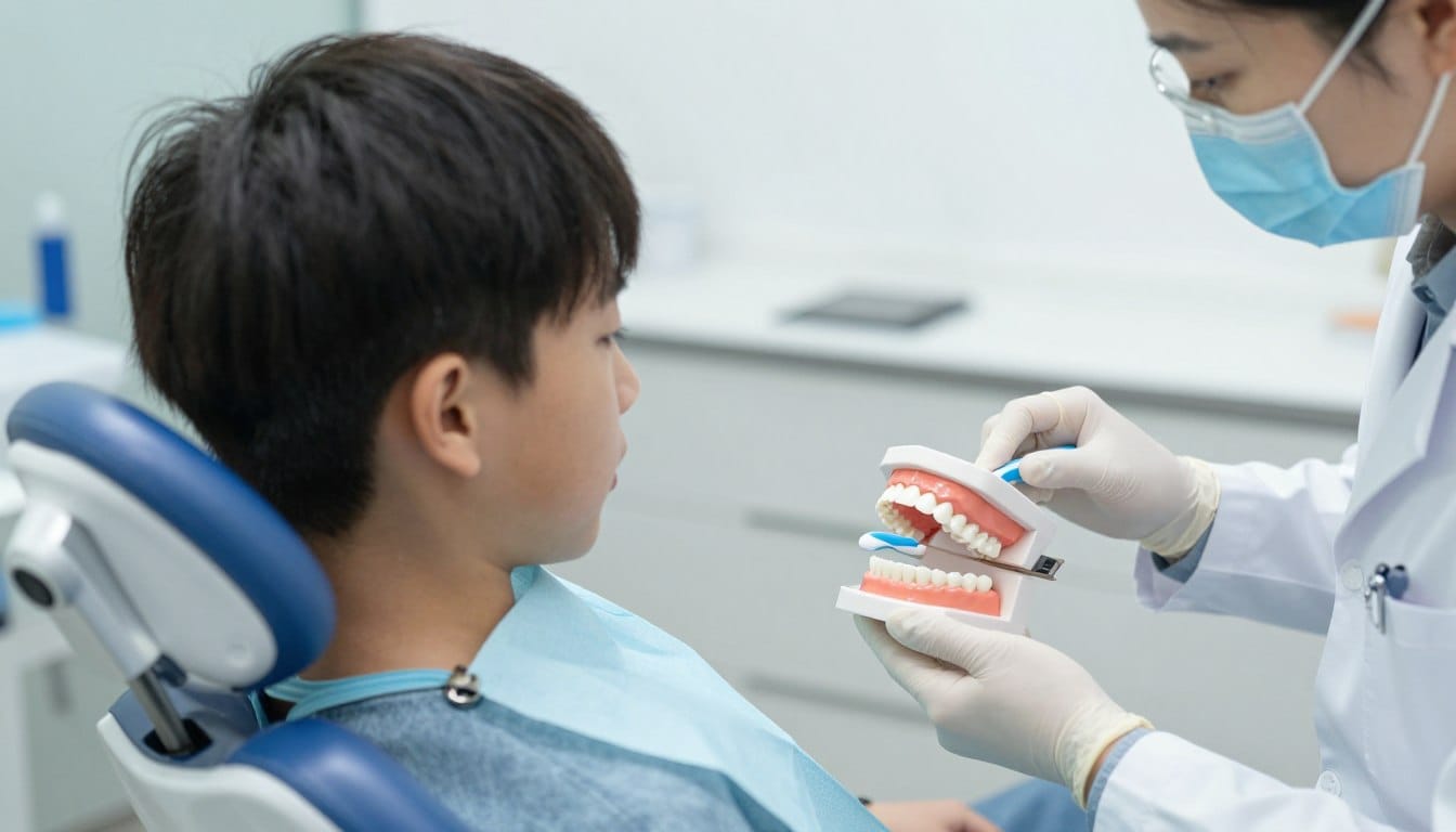 Dentist educating patient about oral hygiene