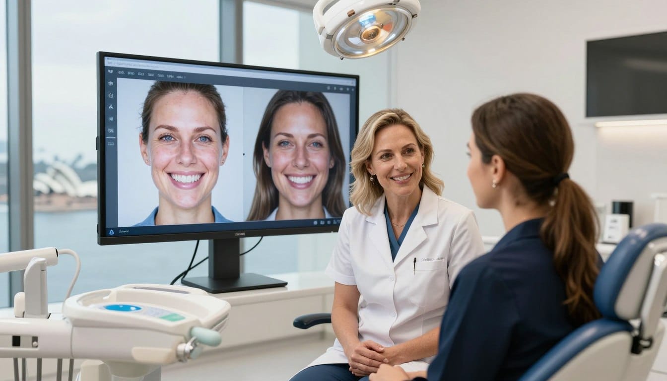 Dr. Emma Richardson consulting with patient using digital smile design technology Dr. Emma Richardson consulting with patient using digital smile design technology