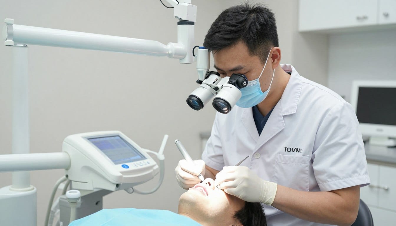 Dr. James Chen performing cosmetic dental procedure with modern equipment Dr. James Chen performing cosmetic dental procedure with modern equipment